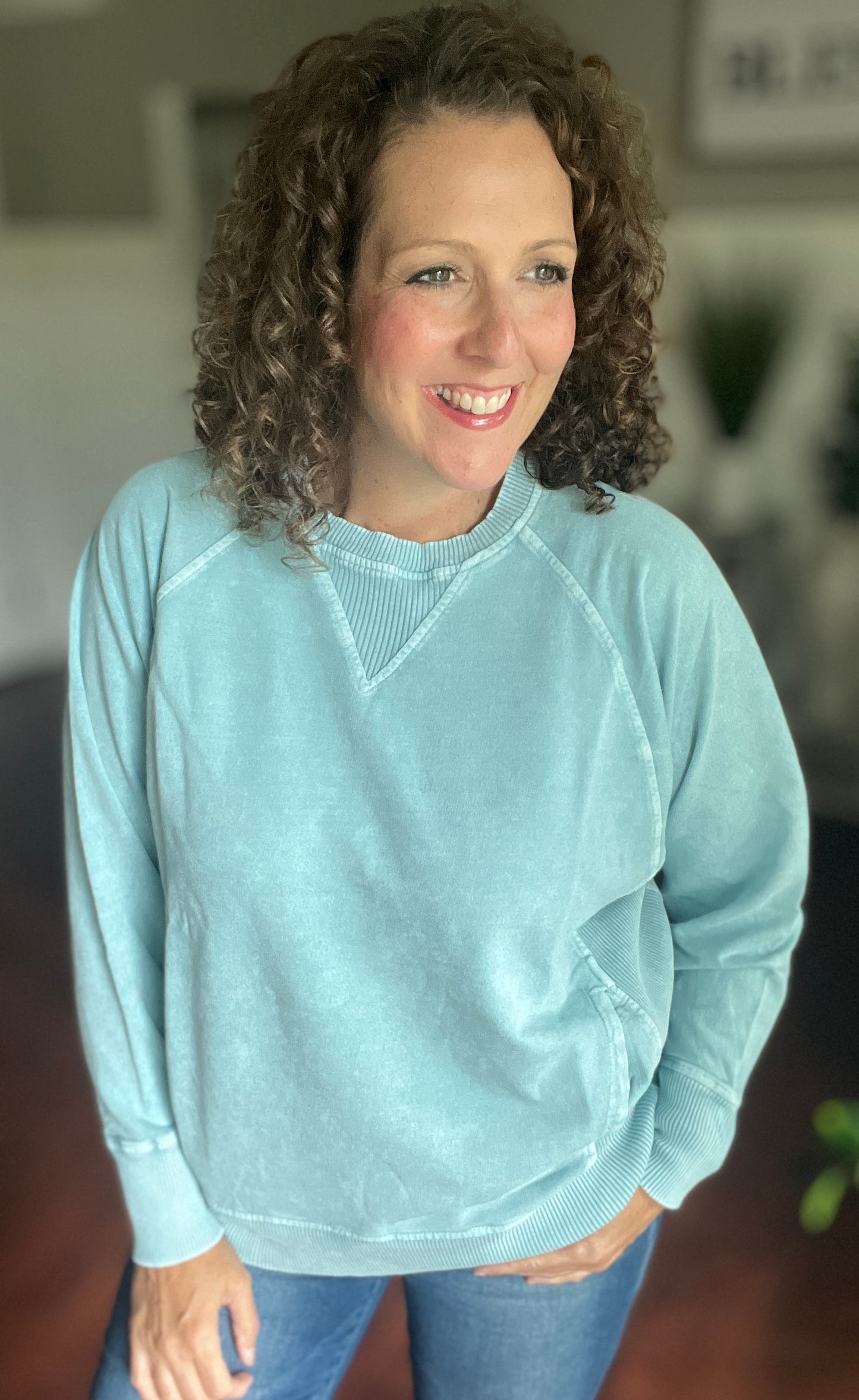 Acid Wash Sweatshirt with Ribbed Detail & Pockets