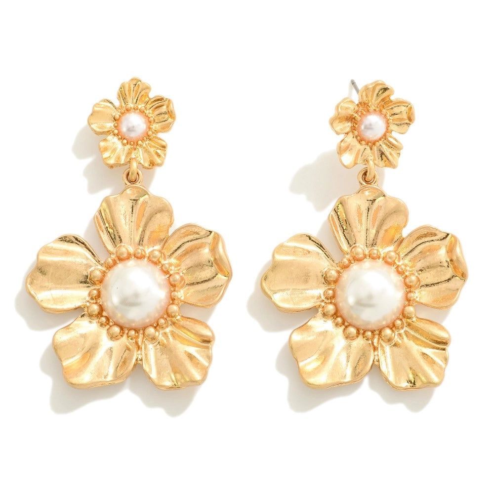 Double Flower and Pearl Earrings