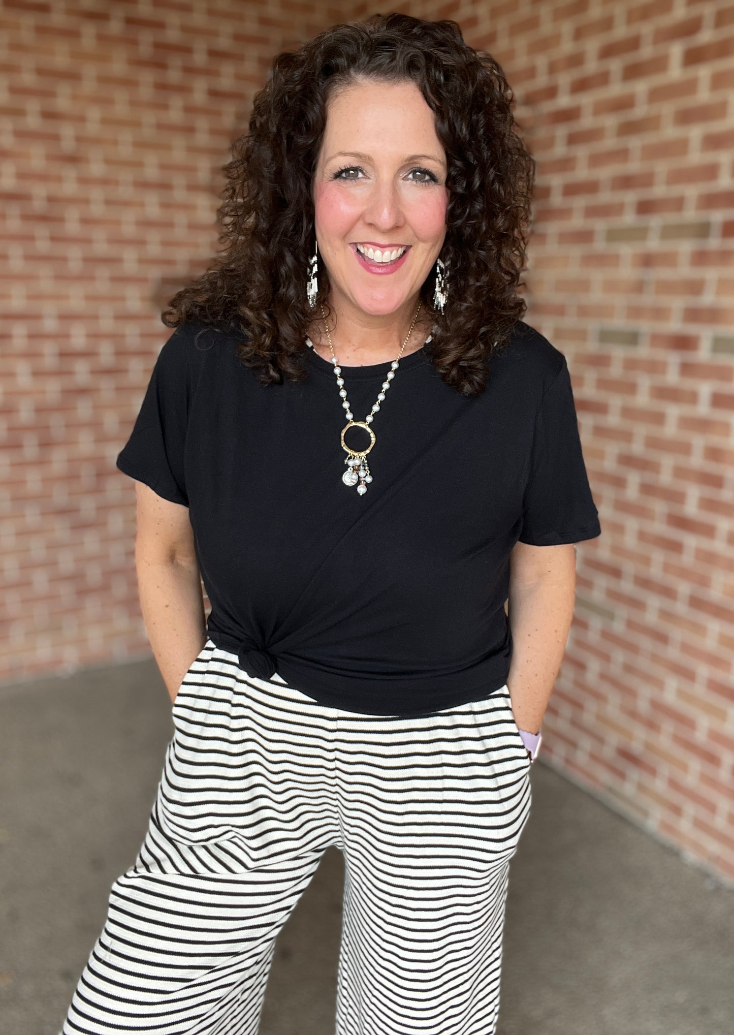 Cream and Black Striped Knit Jumpsuit