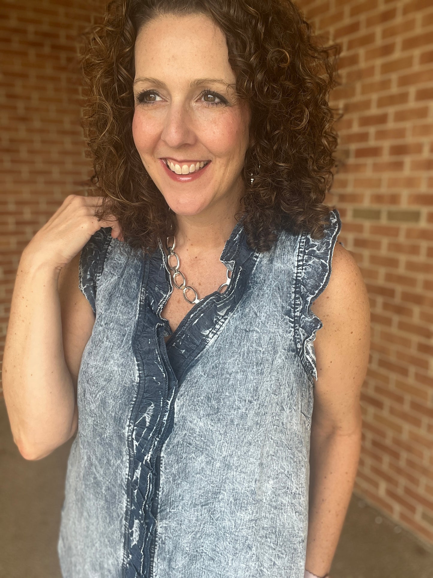 Washed Chambray Dress with Ruffle Details