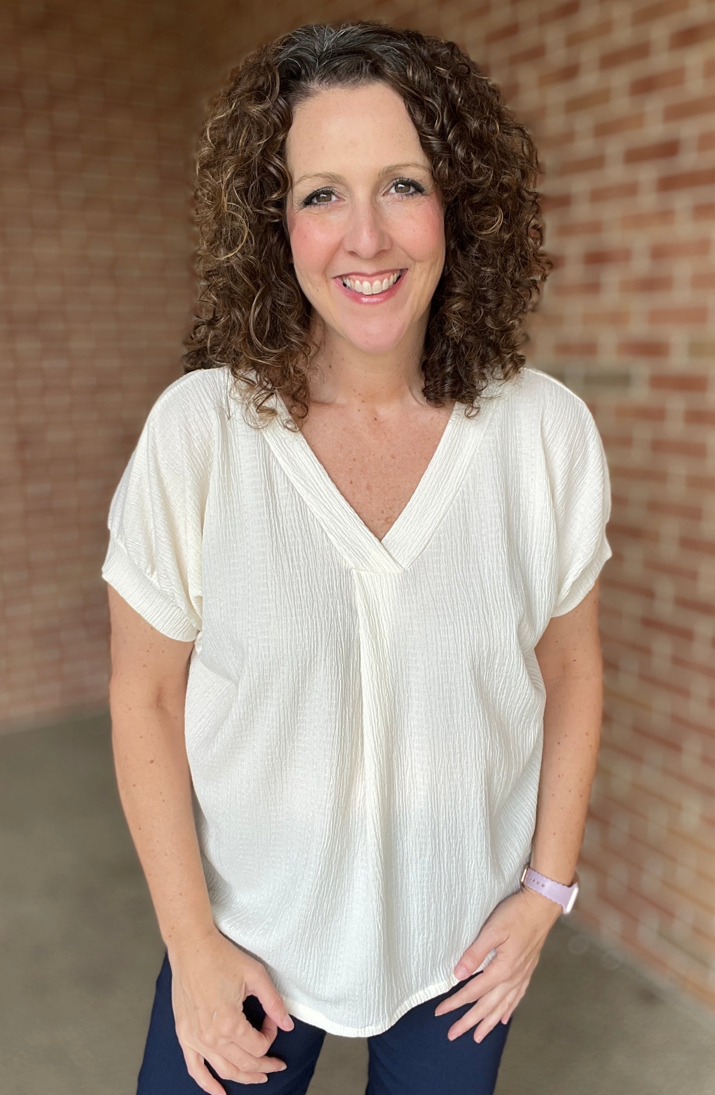 Textured V Neck Short Sleeve Top