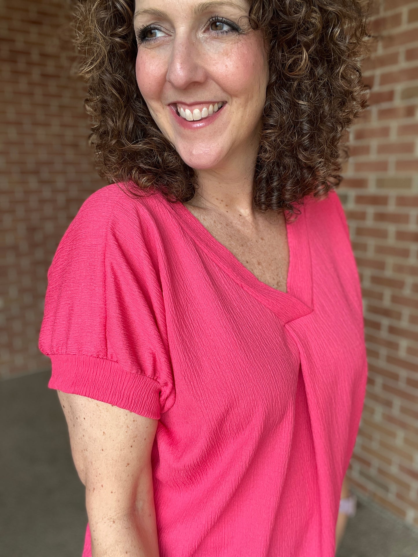 Textured V Neck Short Sleeve Top