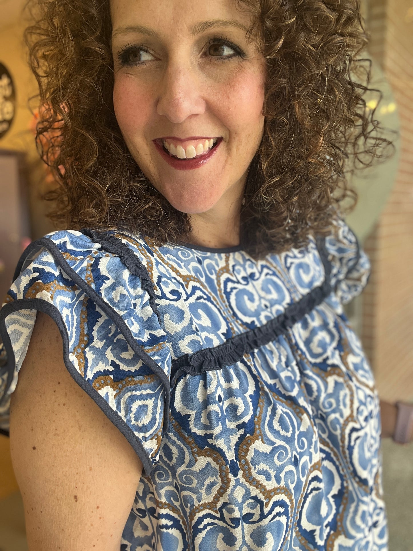 Navy Print Layered Ruffle Top