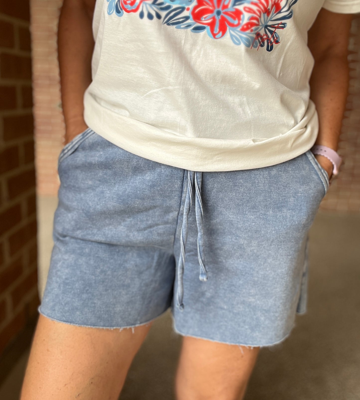 Acid Wash Fleece Drawstring Shorts