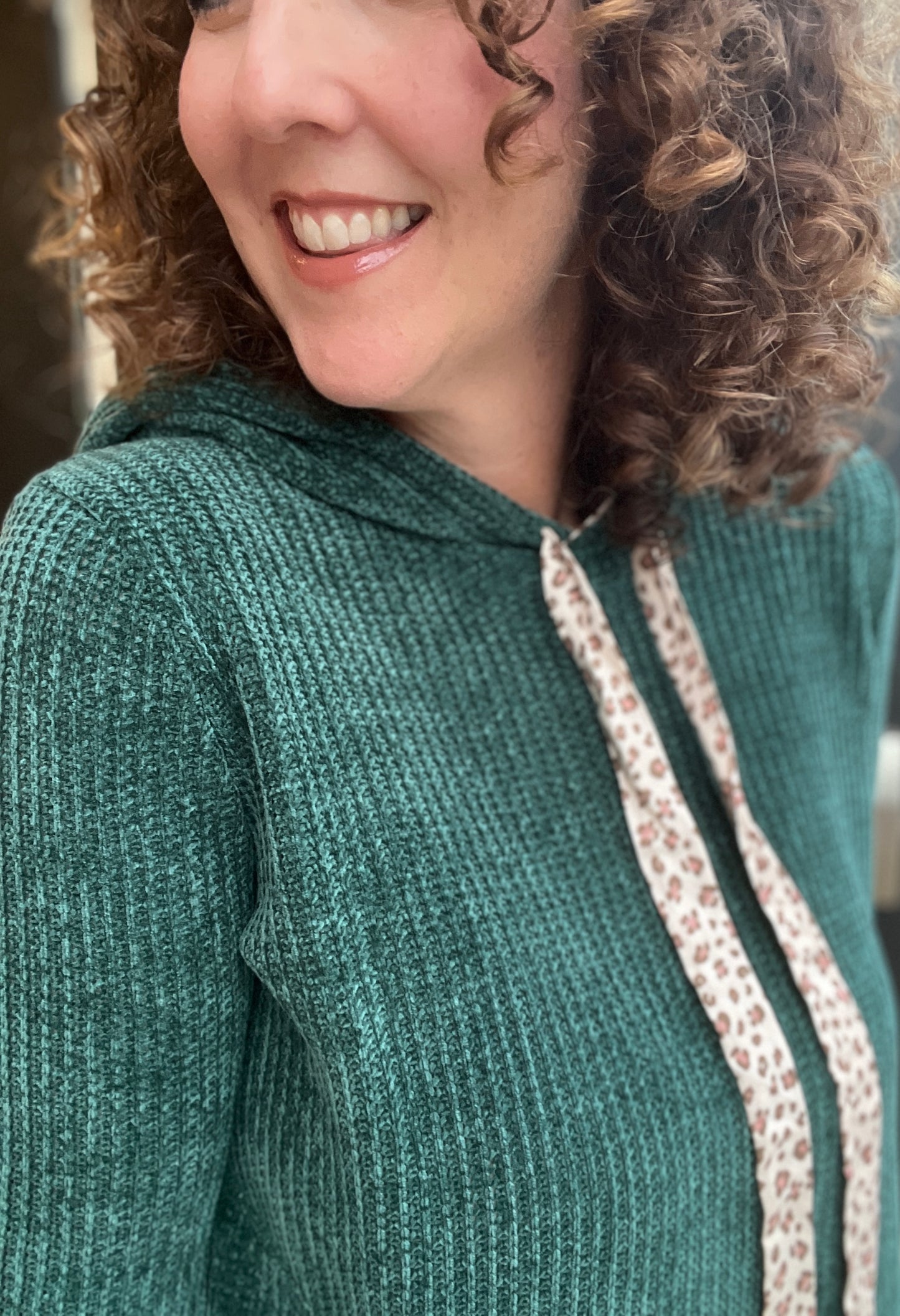 Chenille Hoodie with Leopard Drawstrings