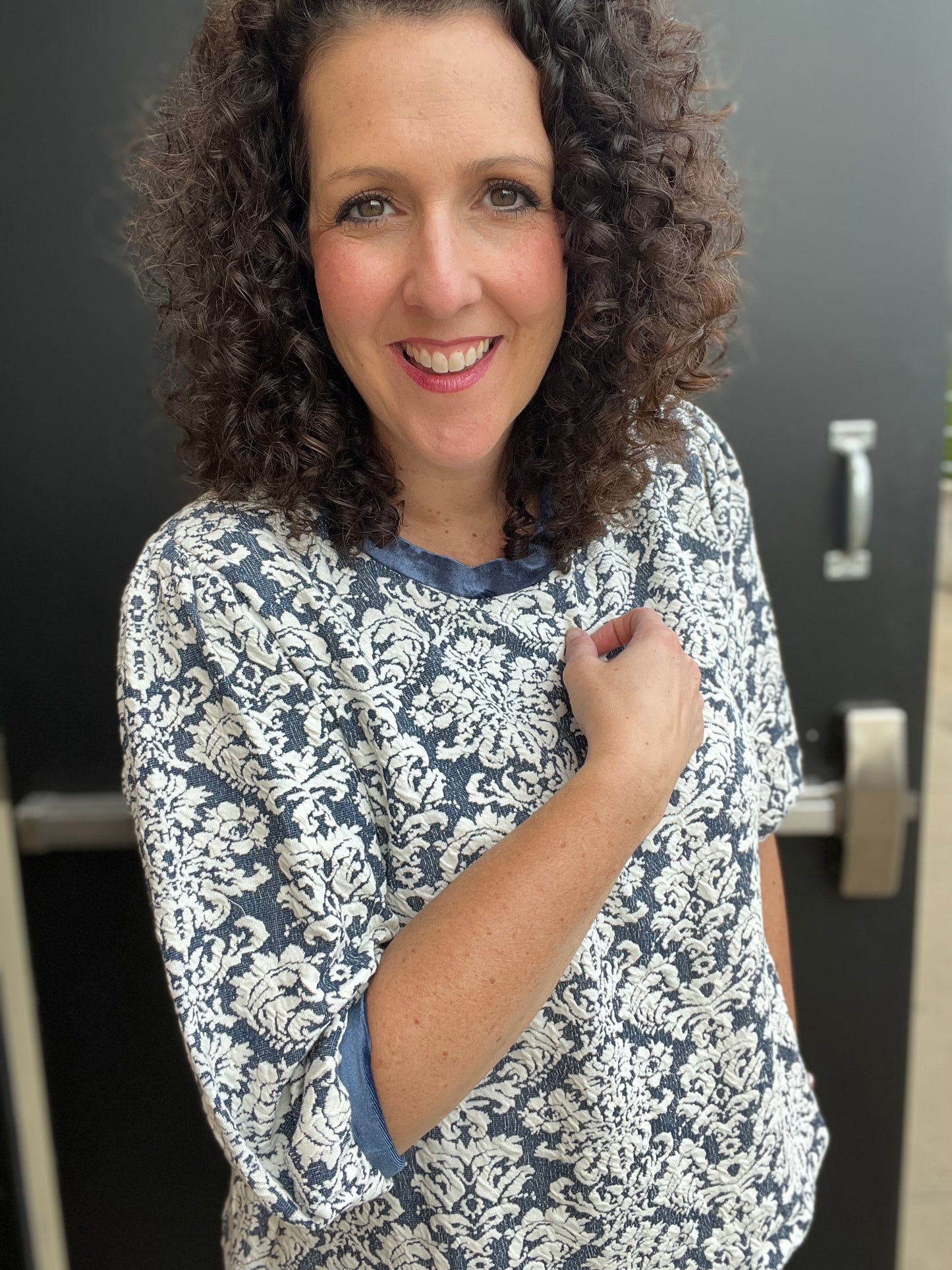 Knit Jacquard Top with Velvet Trim