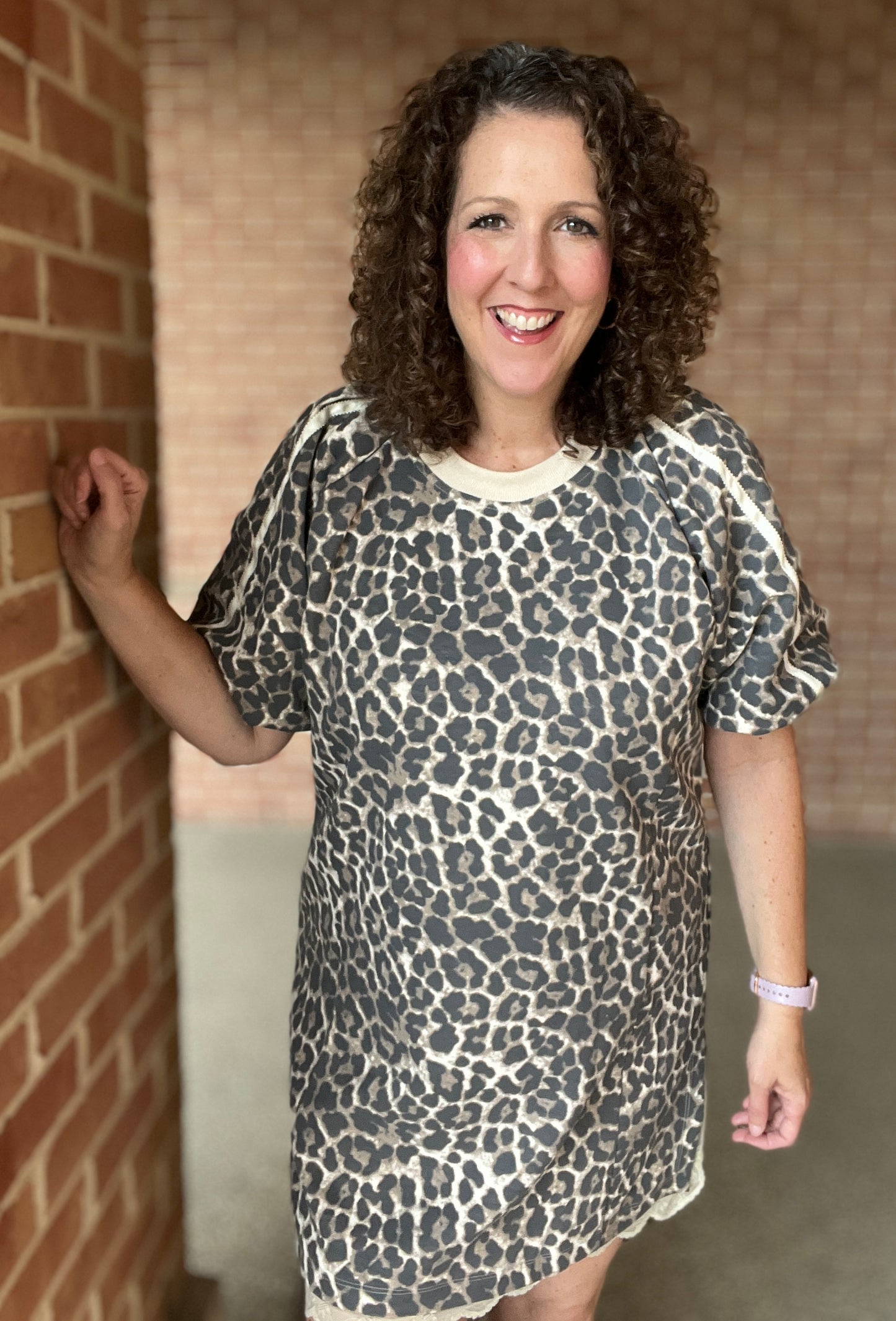 Leopard Puffed Sleeve Dress with Lace Trim