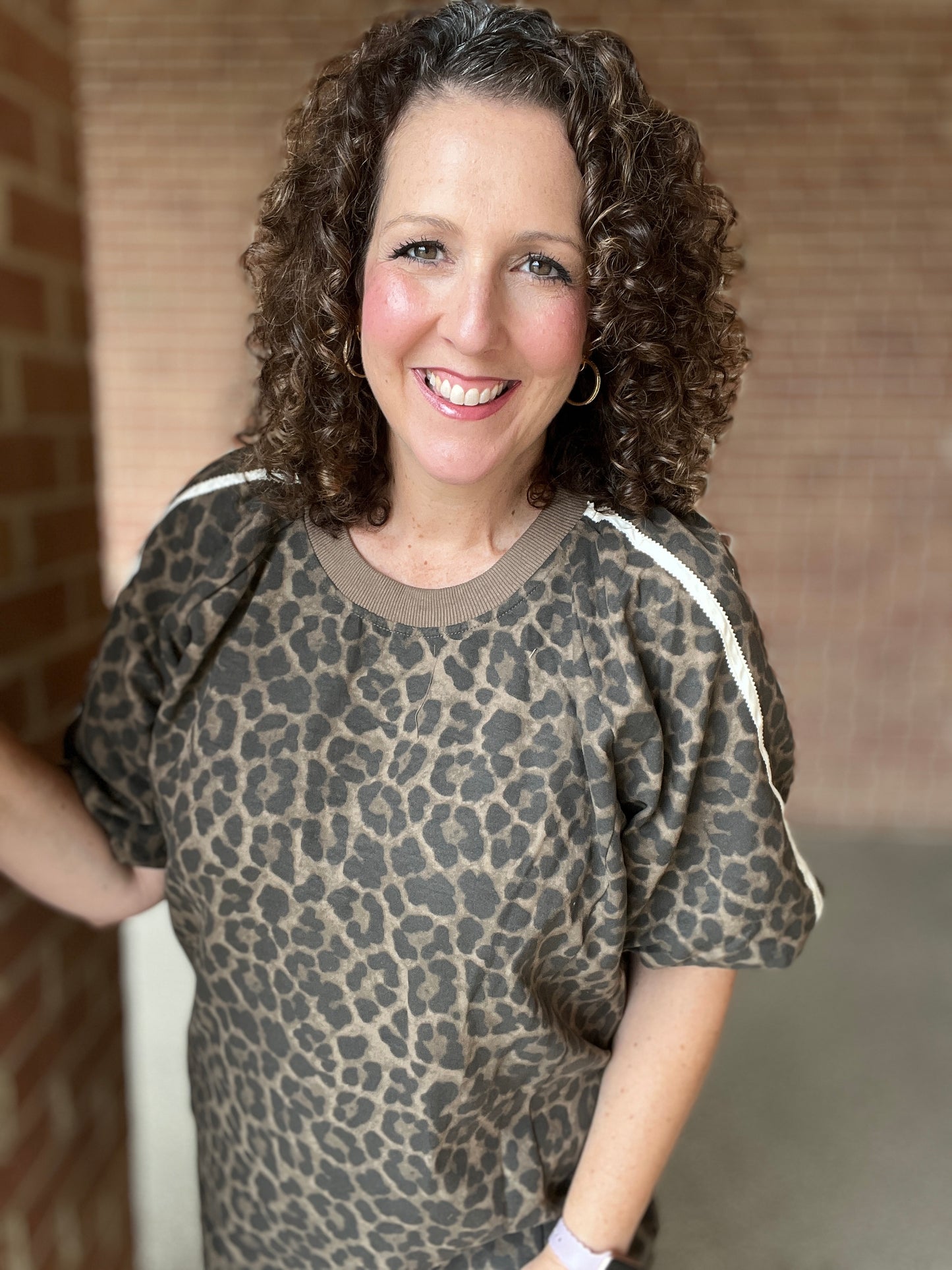 Leopard Puffed Sleeve Dress with Lace Trim