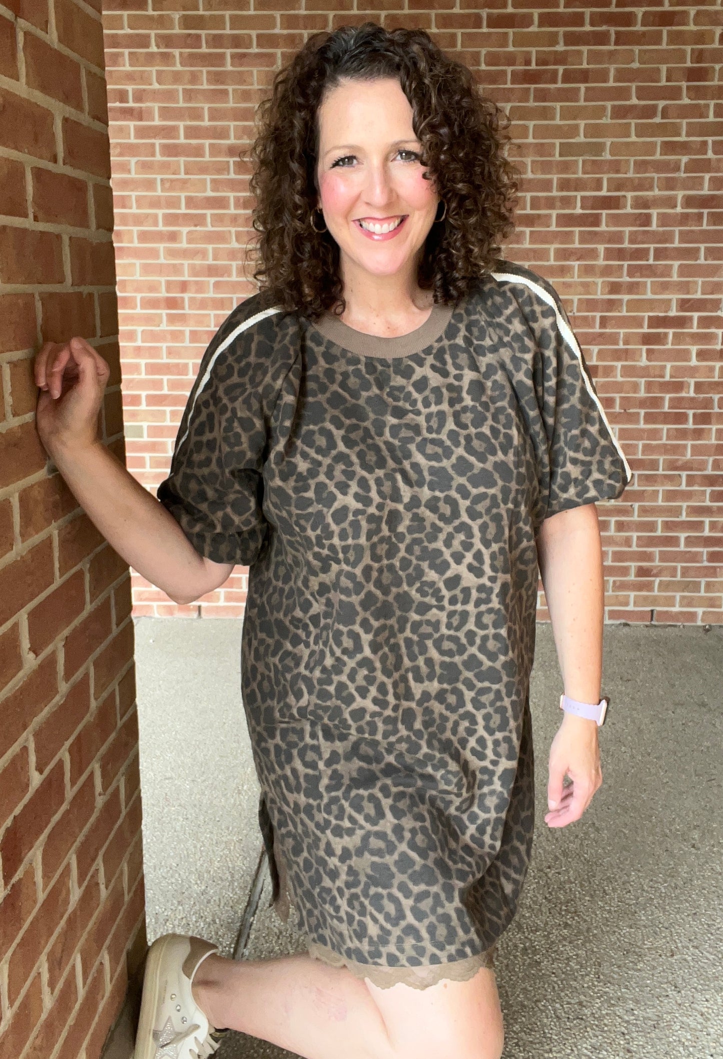 Leopard Puffed Sleeve Dress with Lace Trim