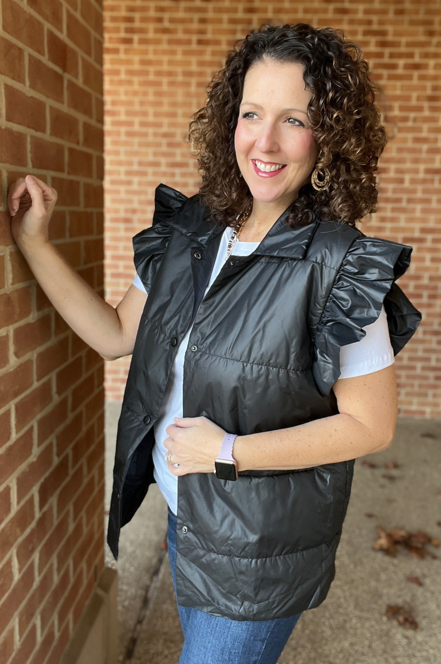 Ruffle Shoulder Puffer Vest