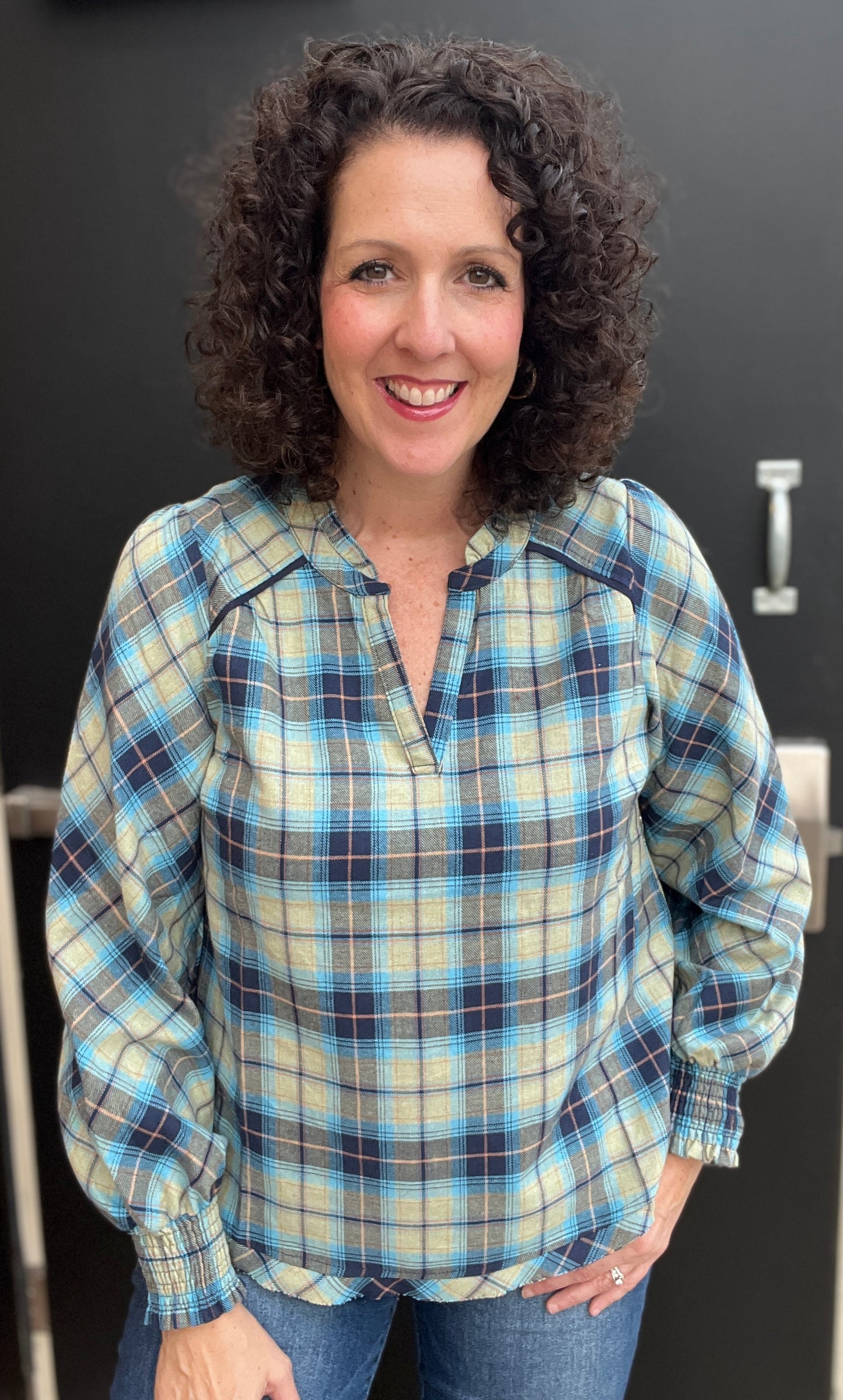 Plaid Top with Smocked Cuffs