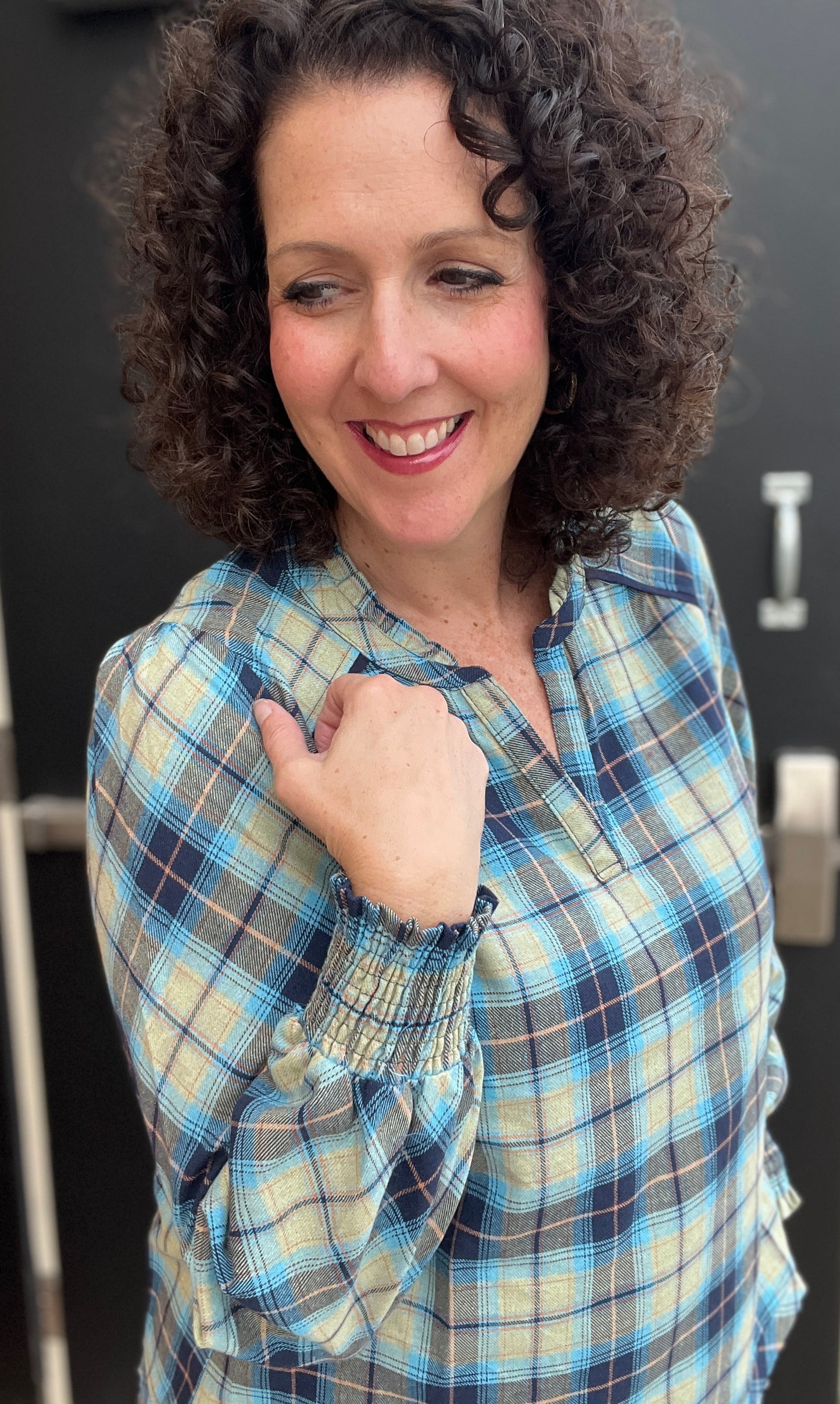 Plaid Top with Smocked Cuffs