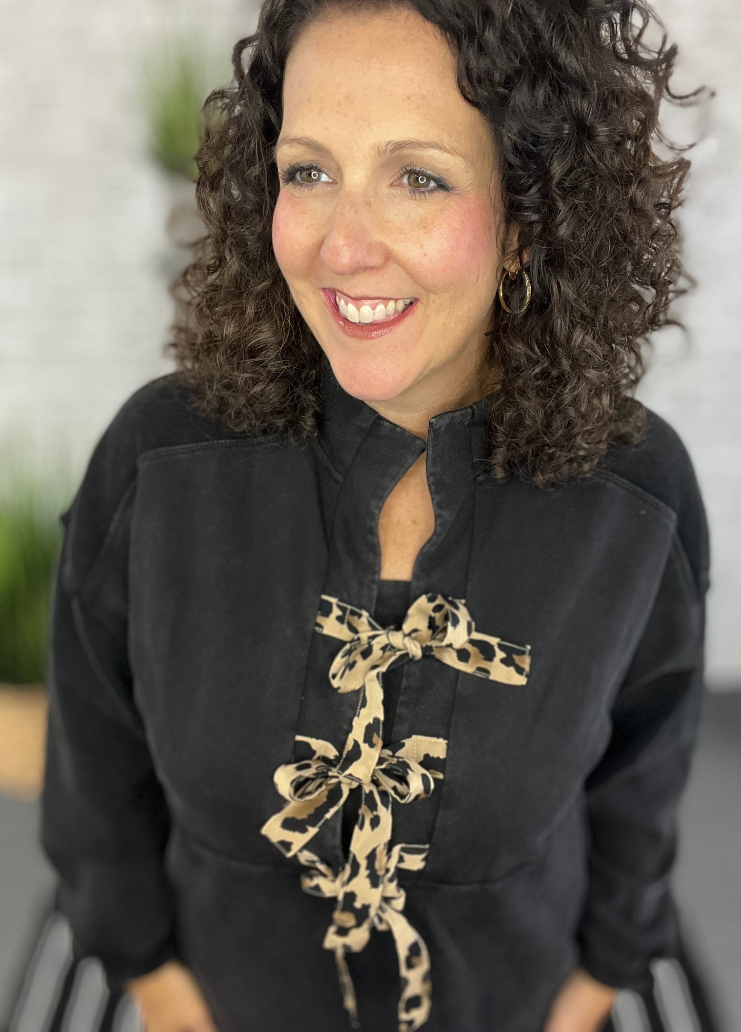 Washed Sweatshirt Dress with Leopard Tie