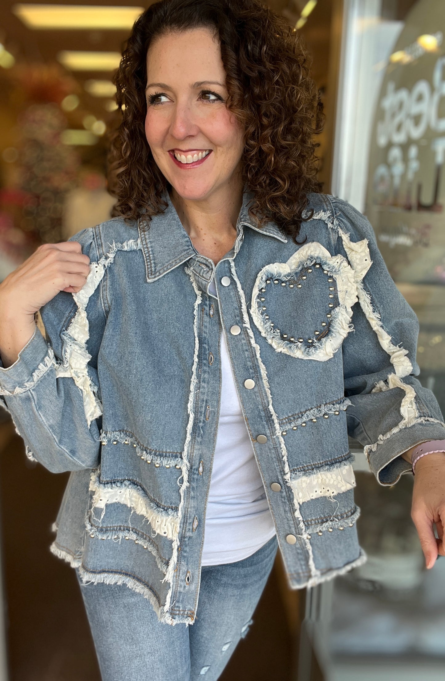 Heart and Eyelet Trim Denim Jacket