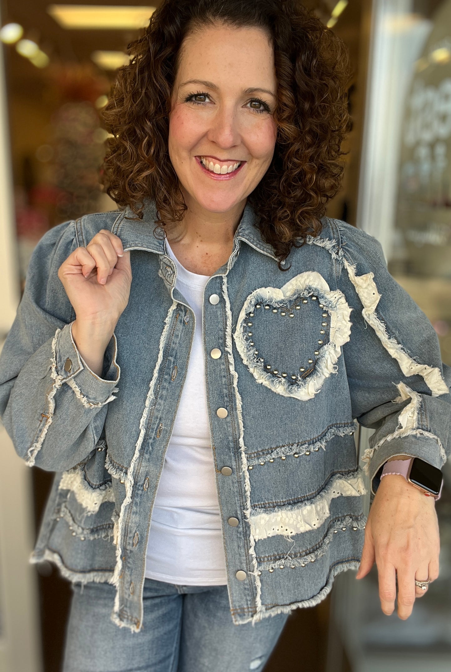 Heart and Eyelet Trim Denim Jacket