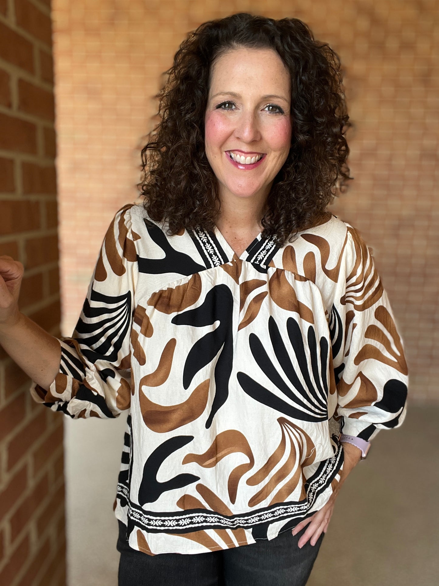 Neutral Abstract Print Top with Trim Detail