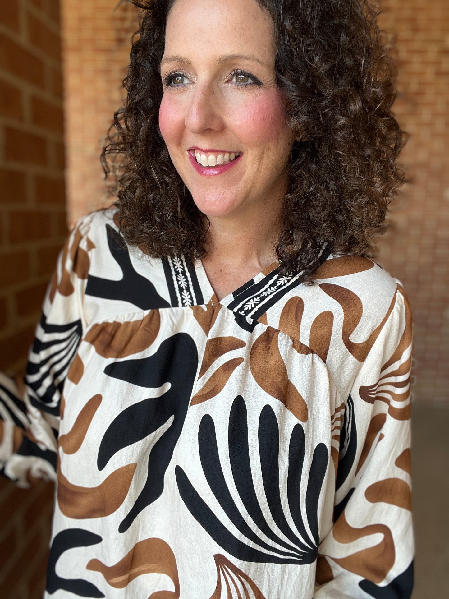 Neutral Abstract Print Top with Trim Detail