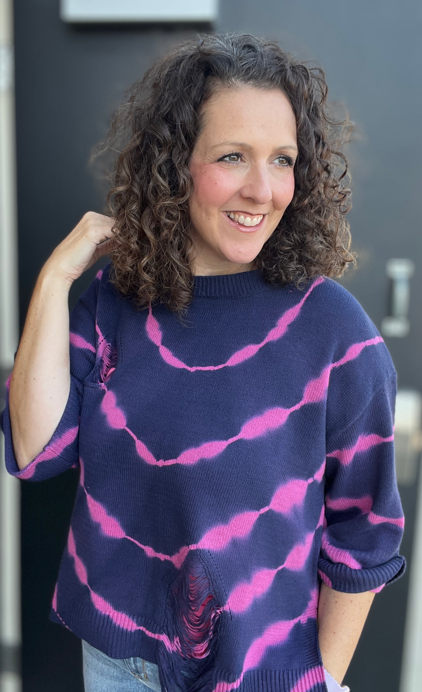 Distressed Navy & Pink Sweater