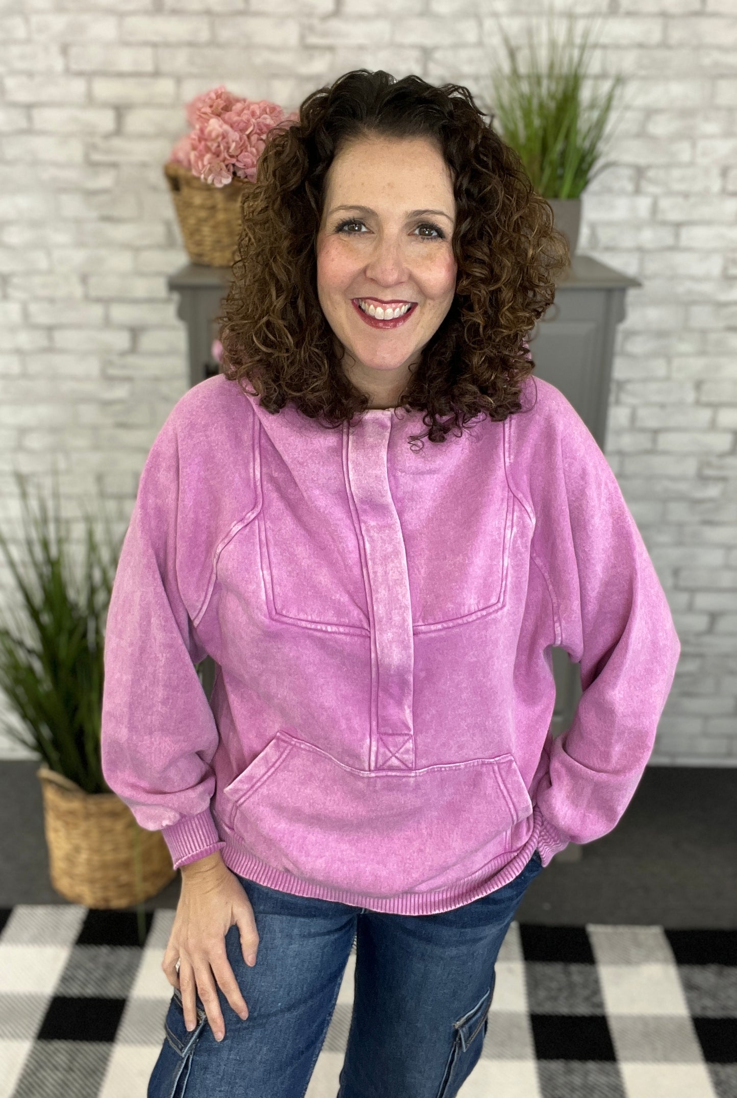 Acid Wash 1/4 Zip Kangaroo Hoodie