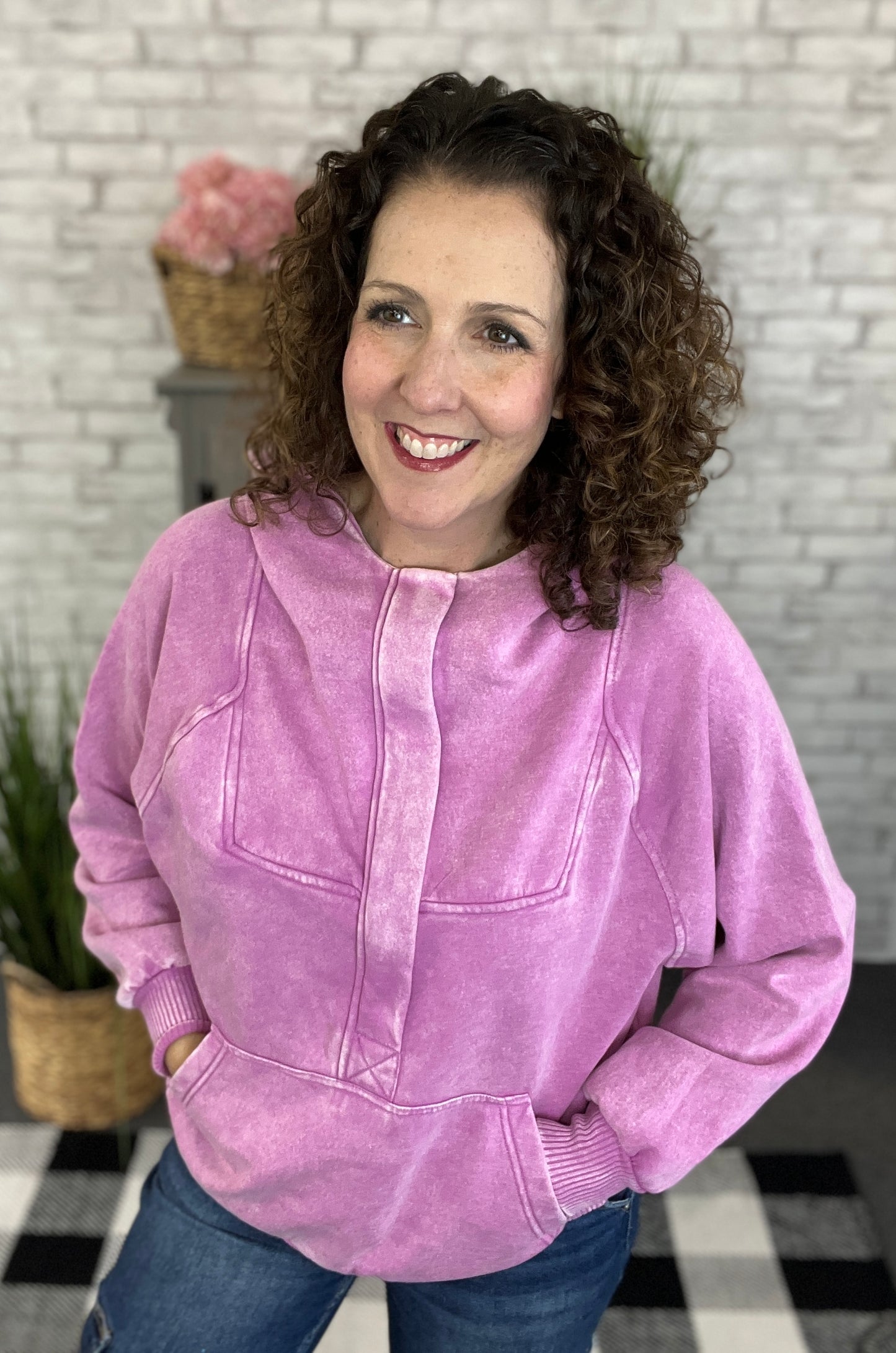 Acid Wash 1/4 Zip Kangaroo Hoodie