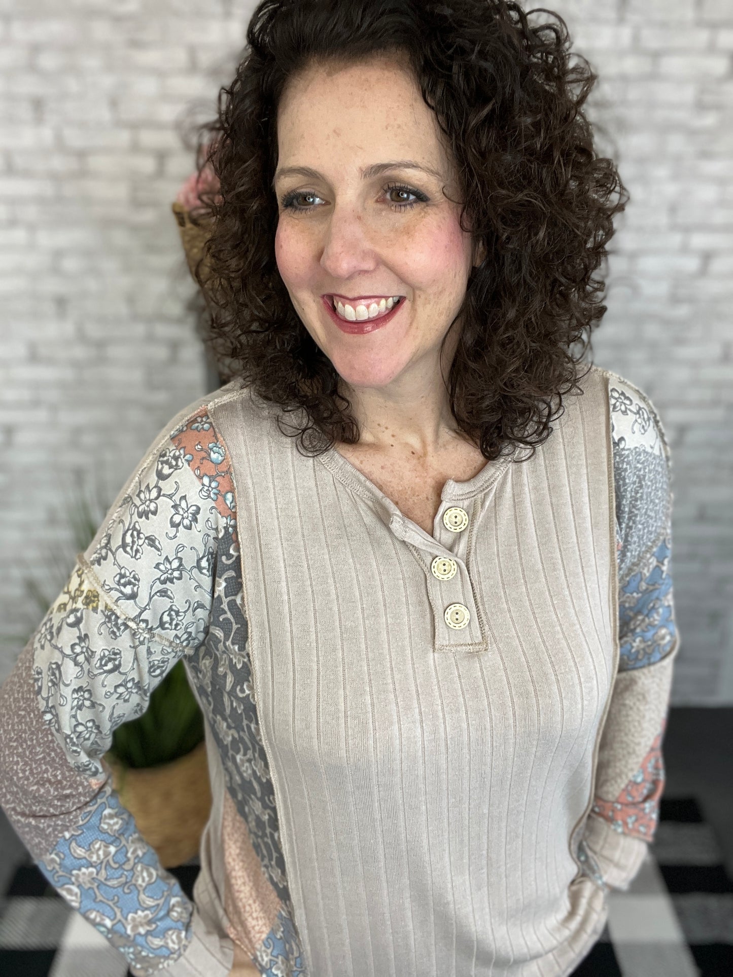 Mixed Floral Sleeve Top with Ribbed Body