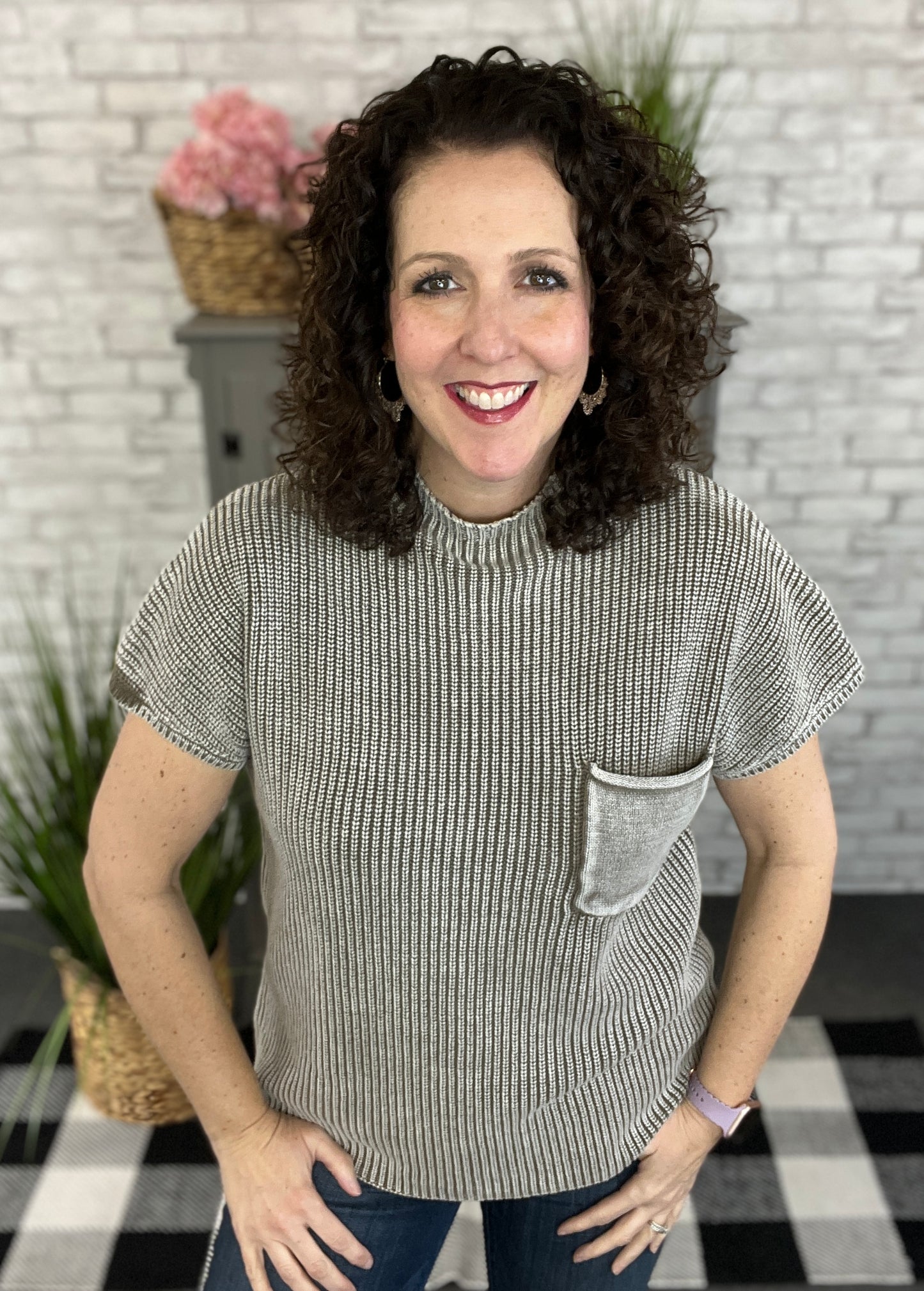 Washed Mock Neck Short Sleeve Sweater with Pocket