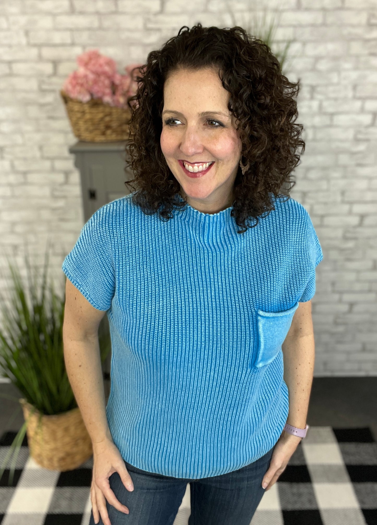 Washed Mock Neck Short Sleeve Sweater with Pocket