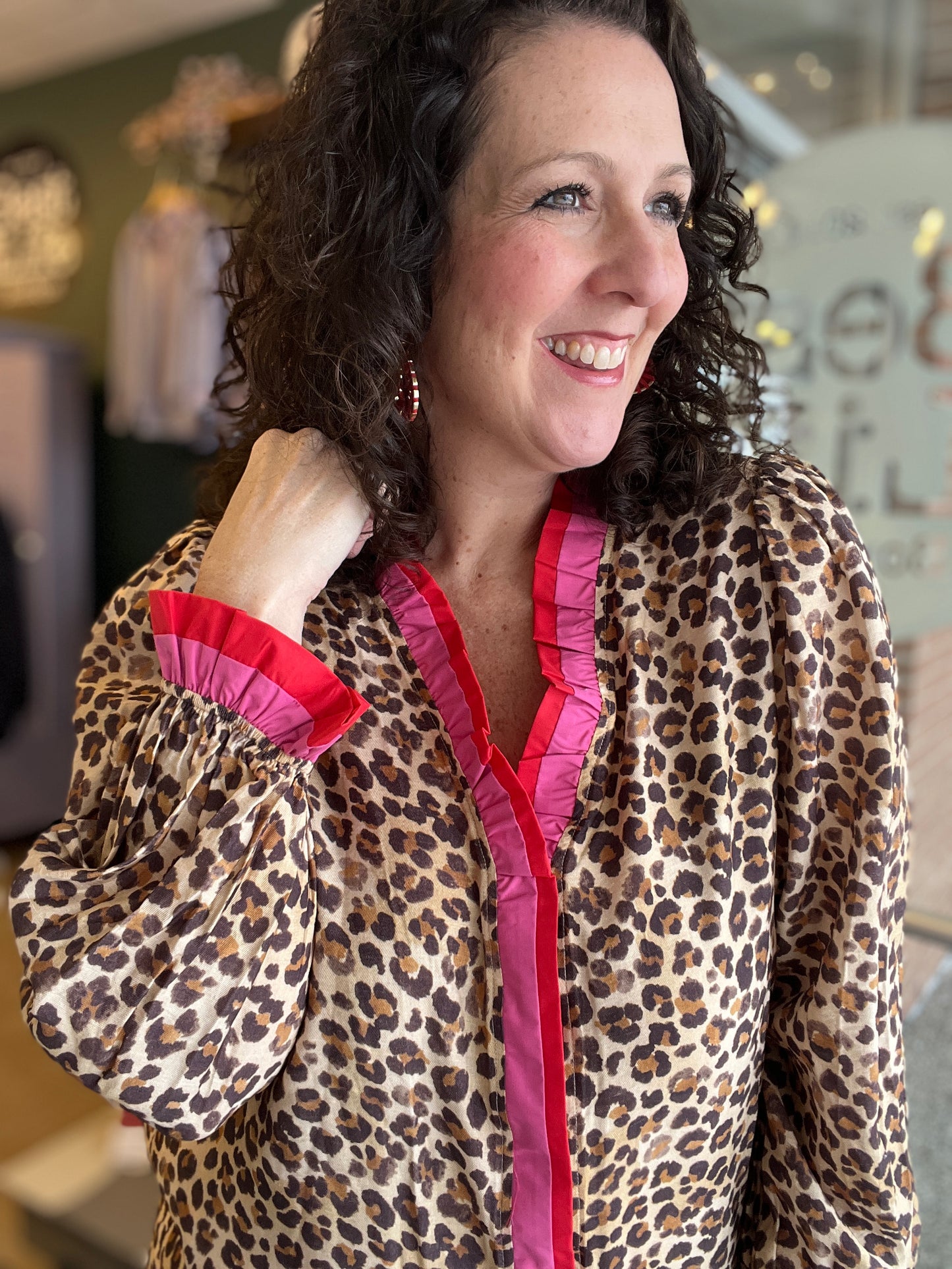 Leopard Blouse with Ruffle Trim