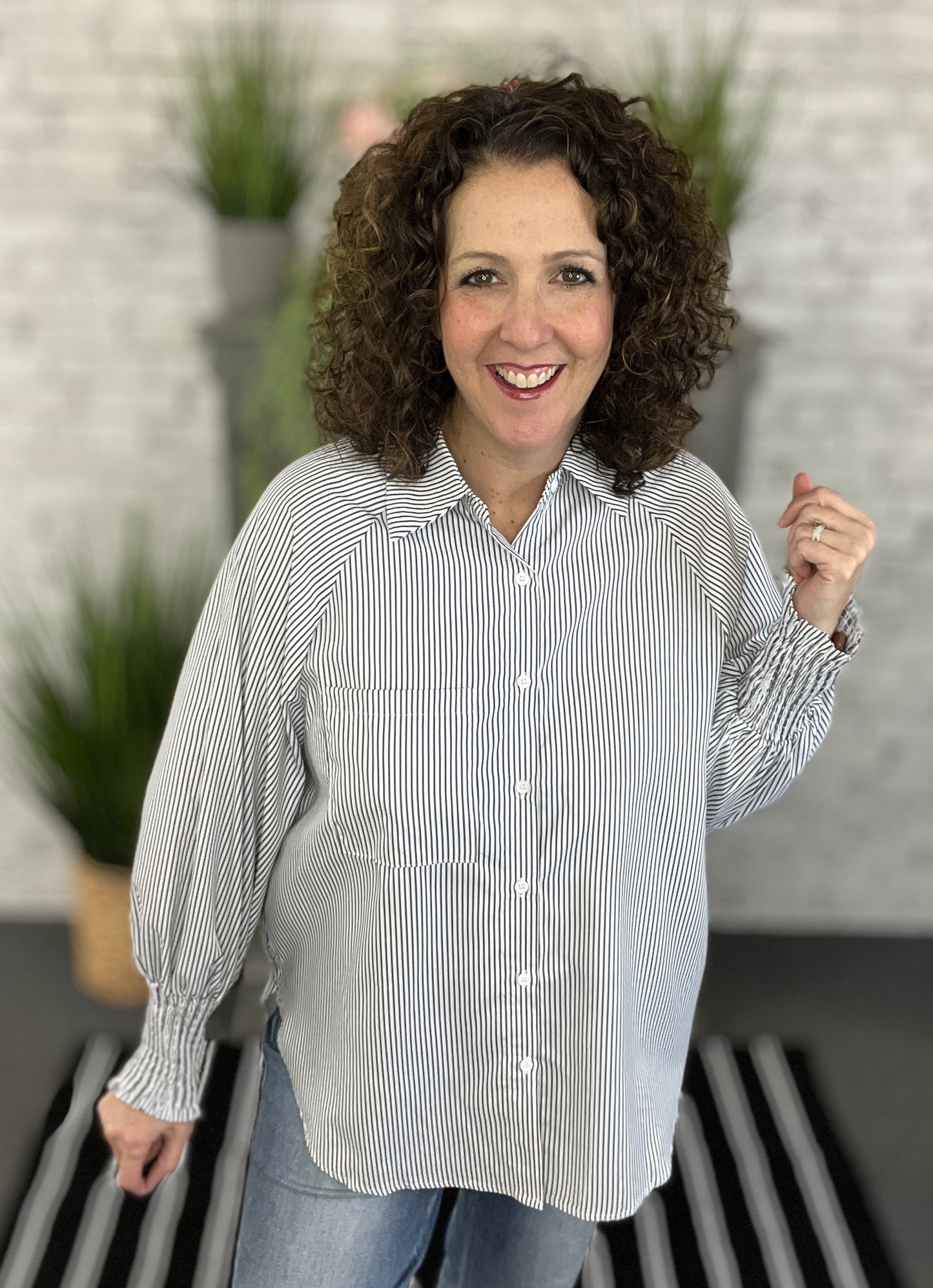 Smocked Cuff Striped Blouse