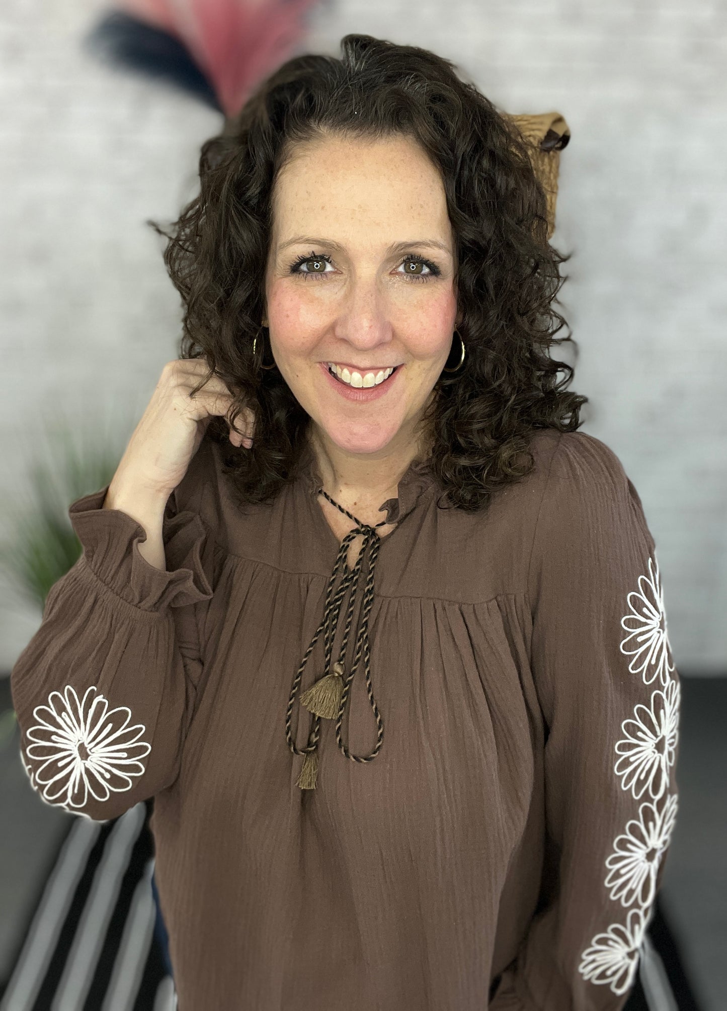 Cotton Top with Embroidered Flower Sleeves