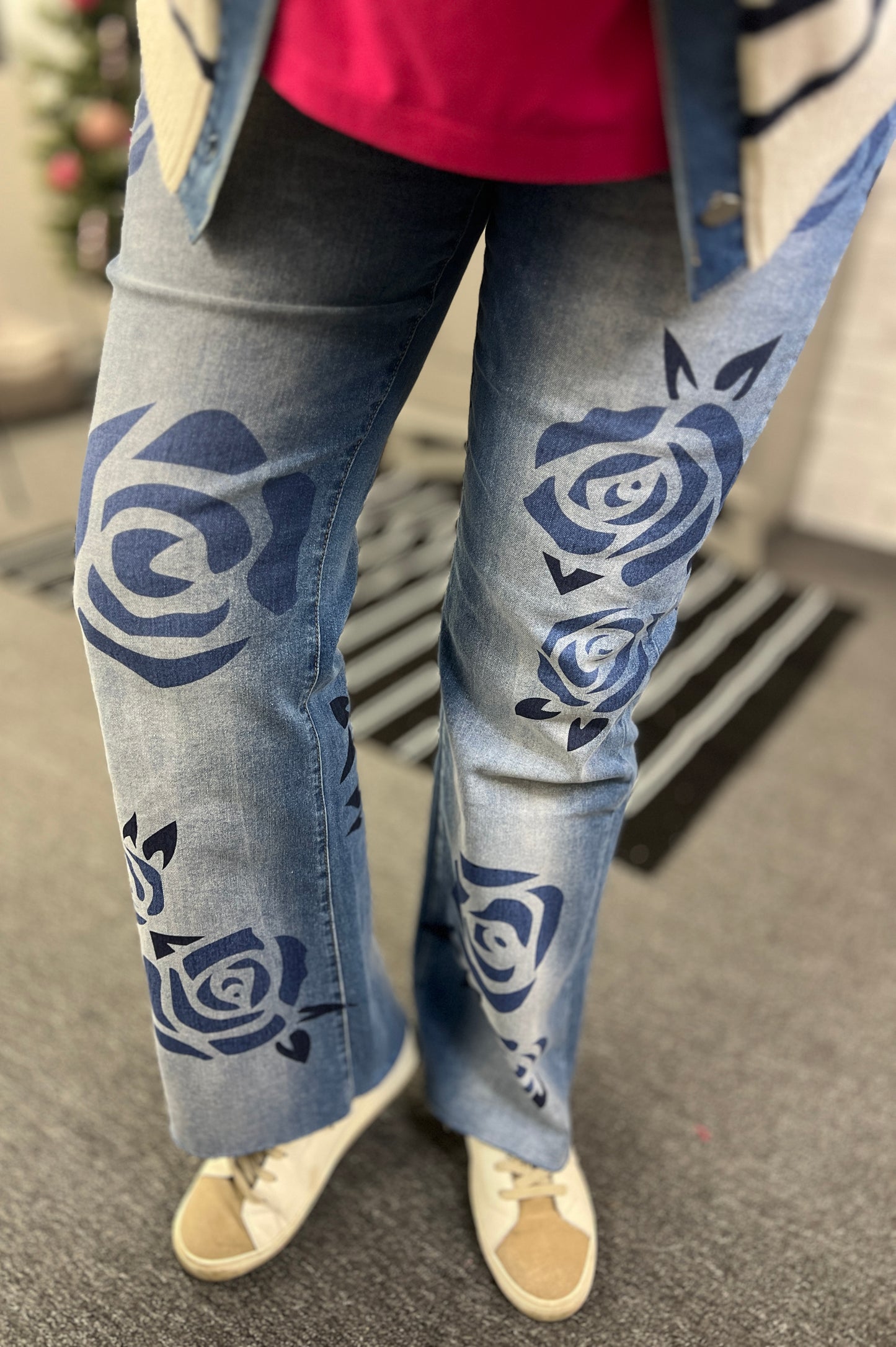 Washed Rose Print Jeans