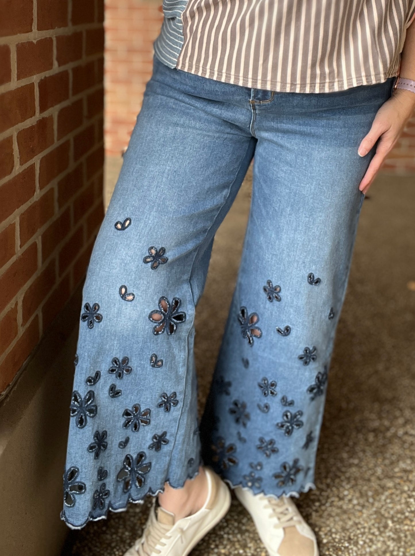 Floral Embroidered and Cutout Jeans