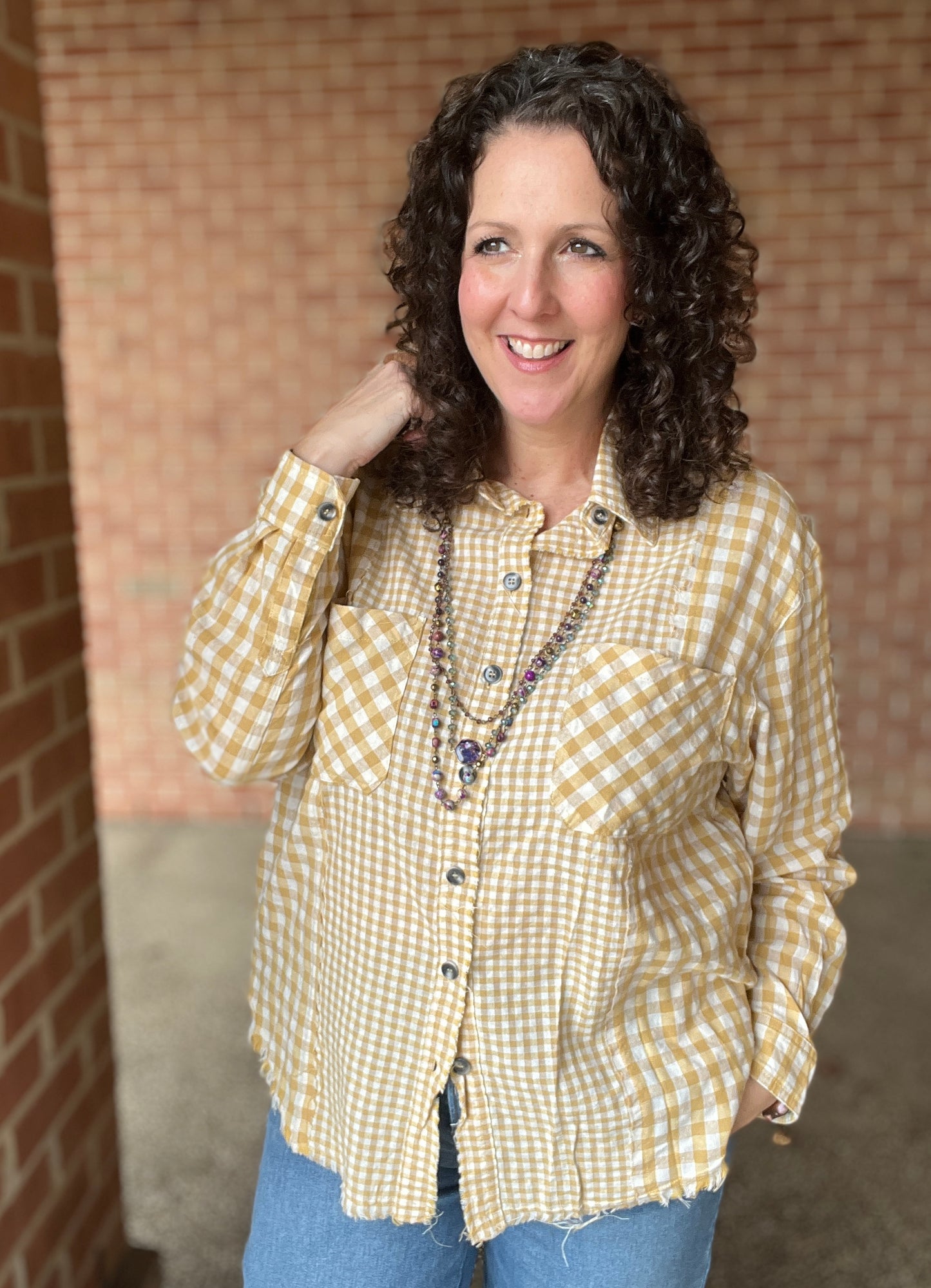 Mixed Check Button Down Blouse