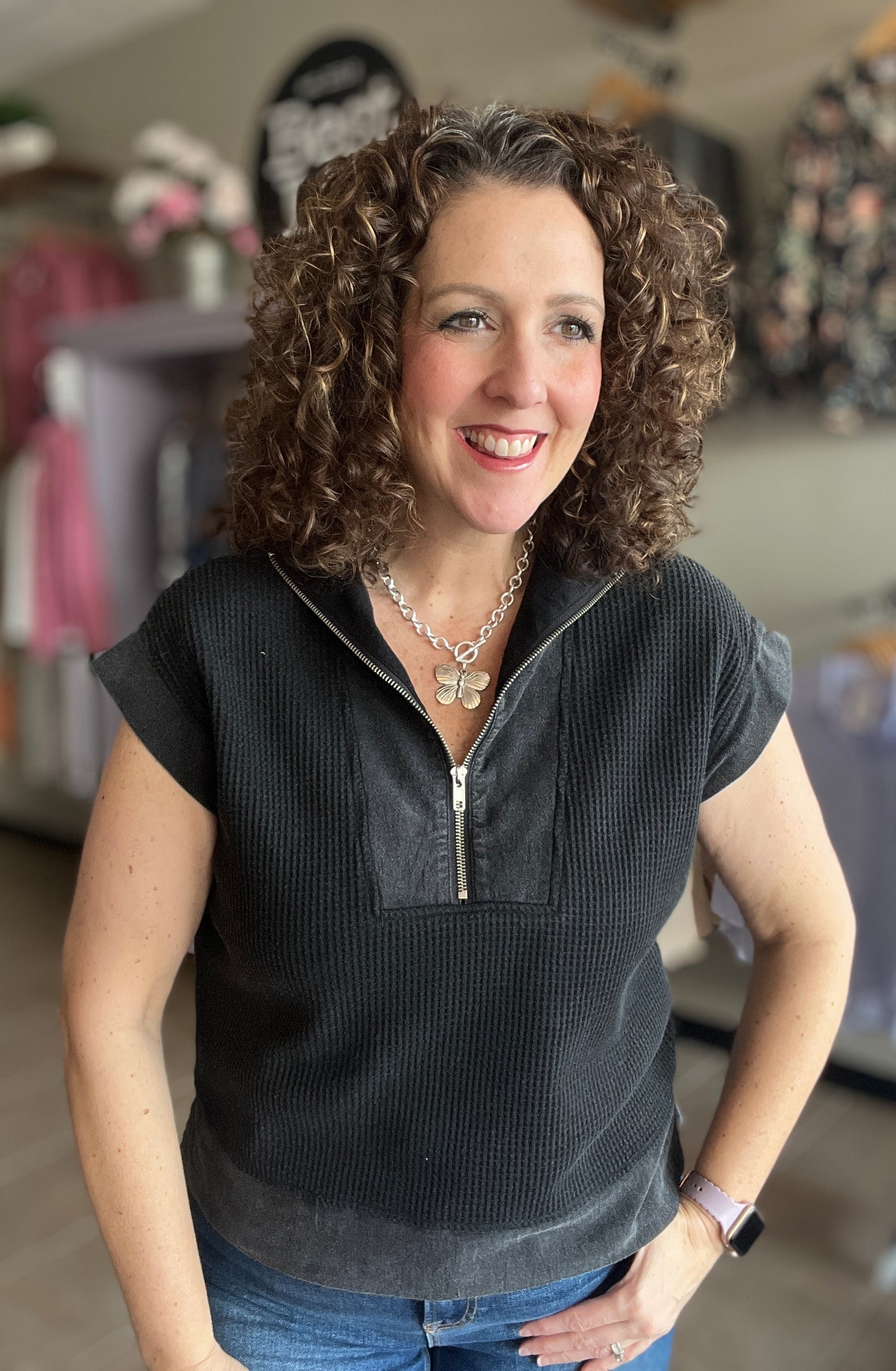 Washed Waffle Knit Quarter Zip Top