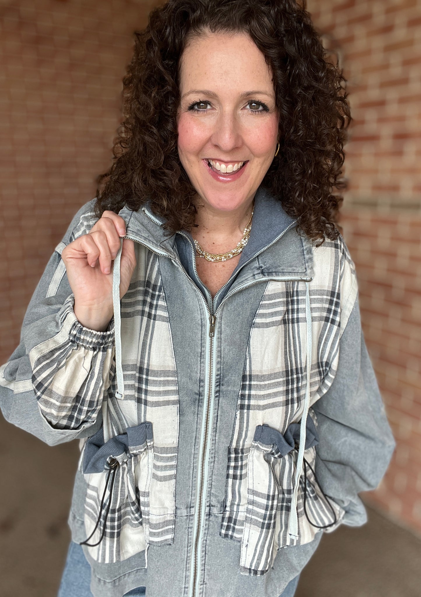Layered Denim Plaid Zip Up Jacket