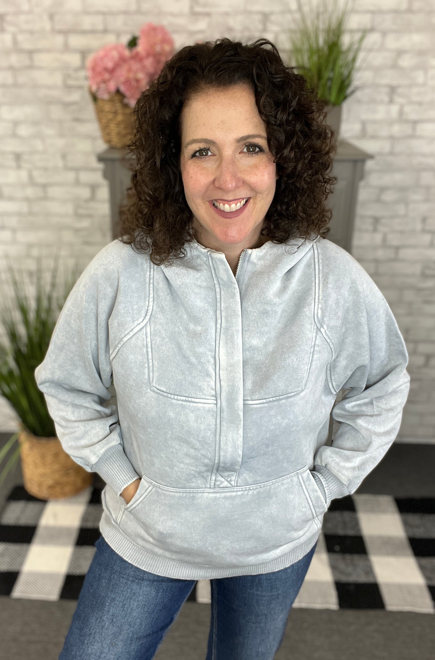 Acid Wash 1/4 Zip Kangaroo Hoodie