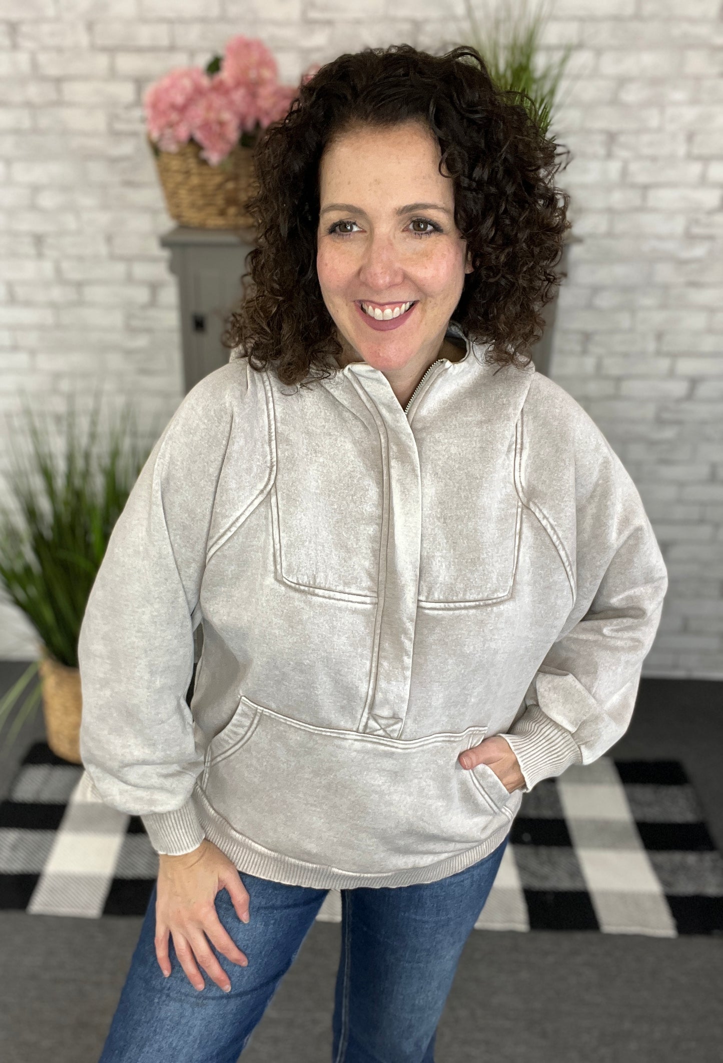 Acid Wash 1/4 Zip Kangaroo Hoodie
