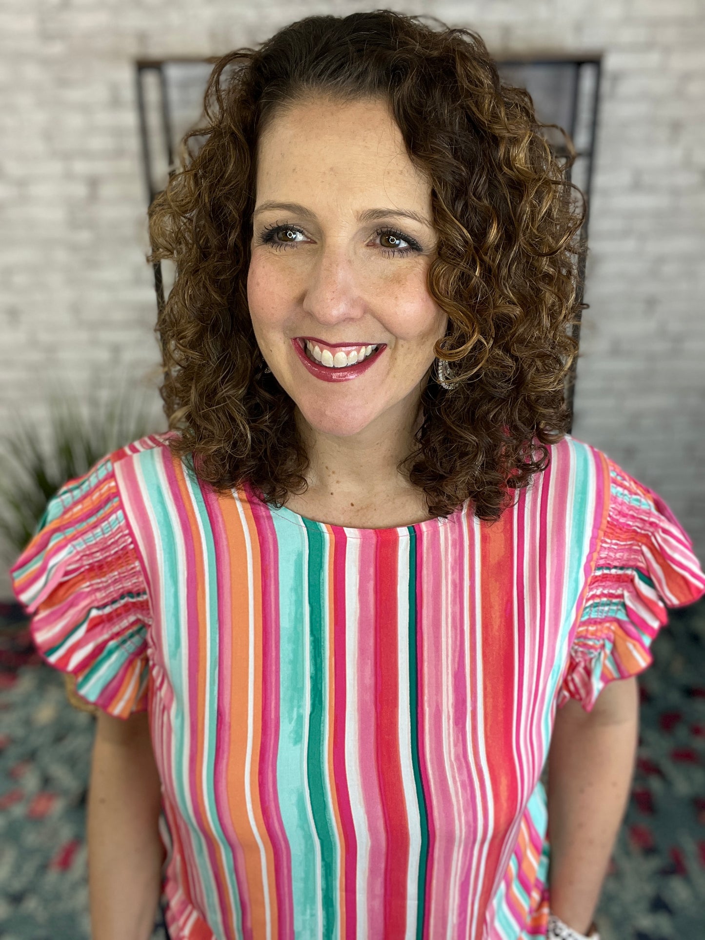 Bright Stripe Top with Sleeve Smocking