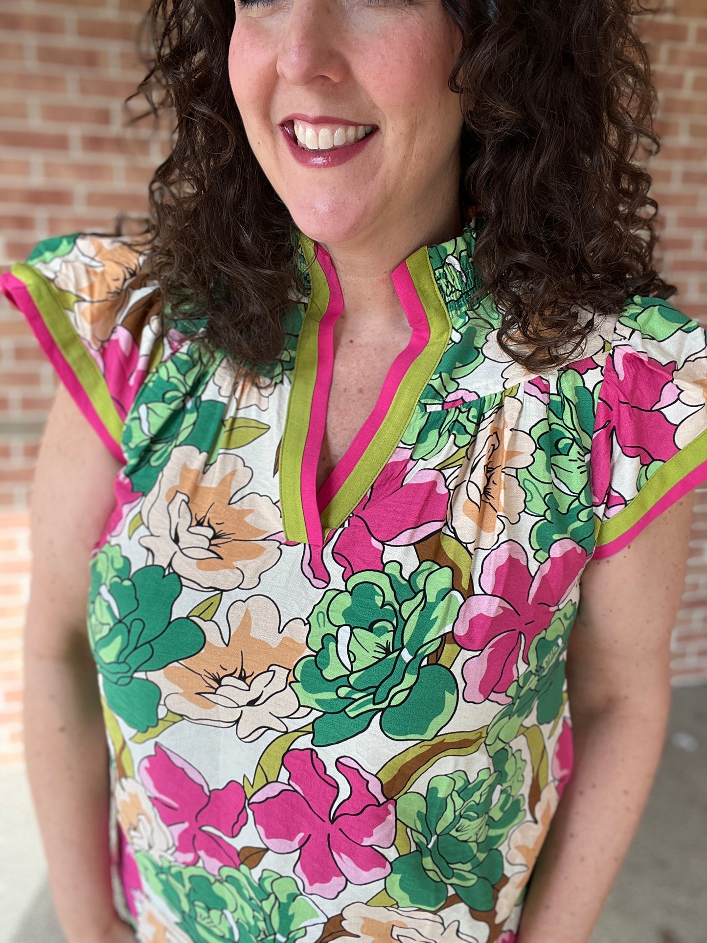 Bright Floral Top with Stripes and Smocked Detail