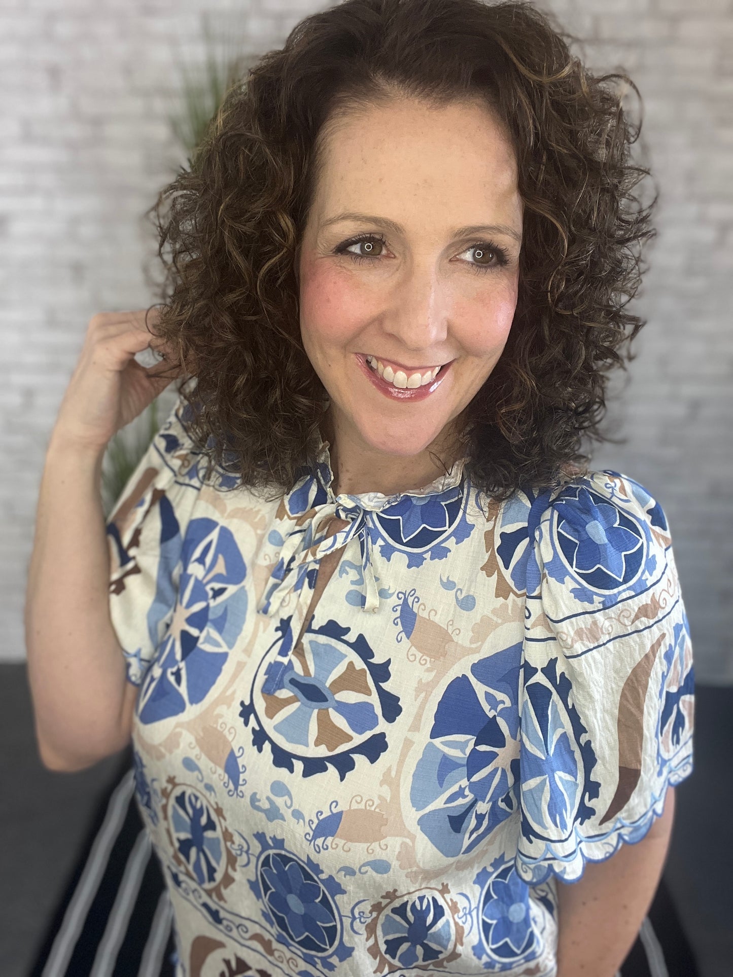 Medallion Print Top with Scalloped Edges