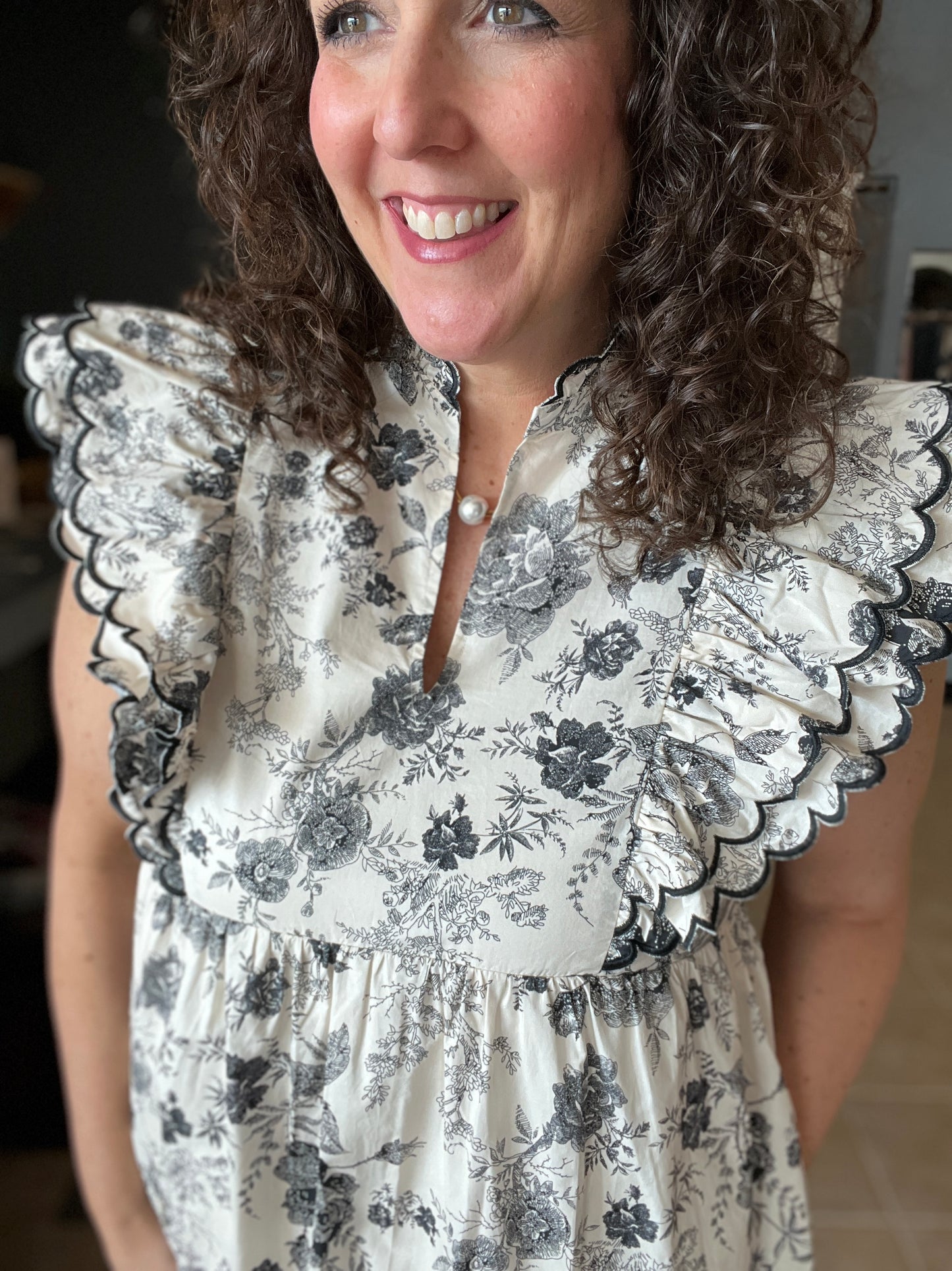 Black & Cream Floral Dress with Scalloped Detail
