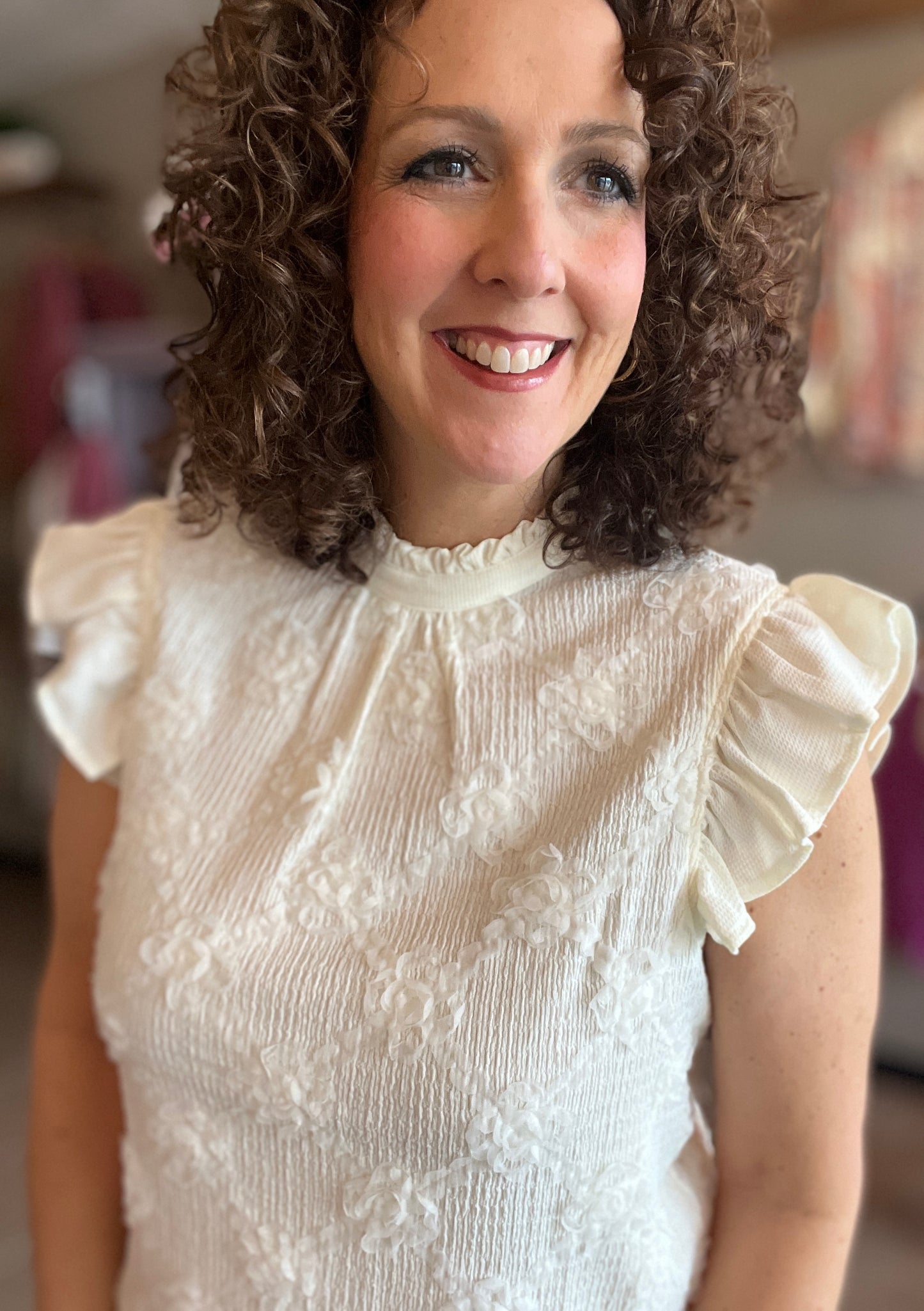 Ruffled Neck Floral Lace Top