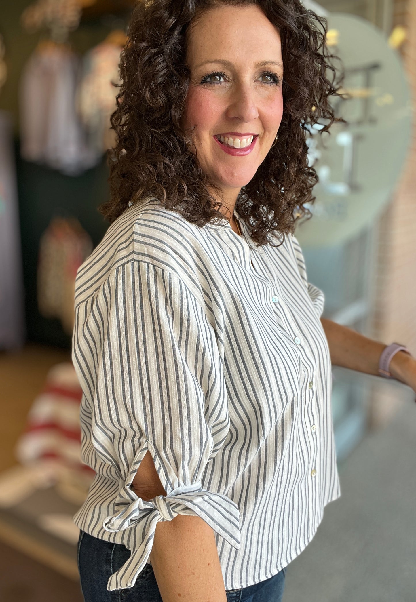 Striped V Neck Blouse with Bow Sleeve
