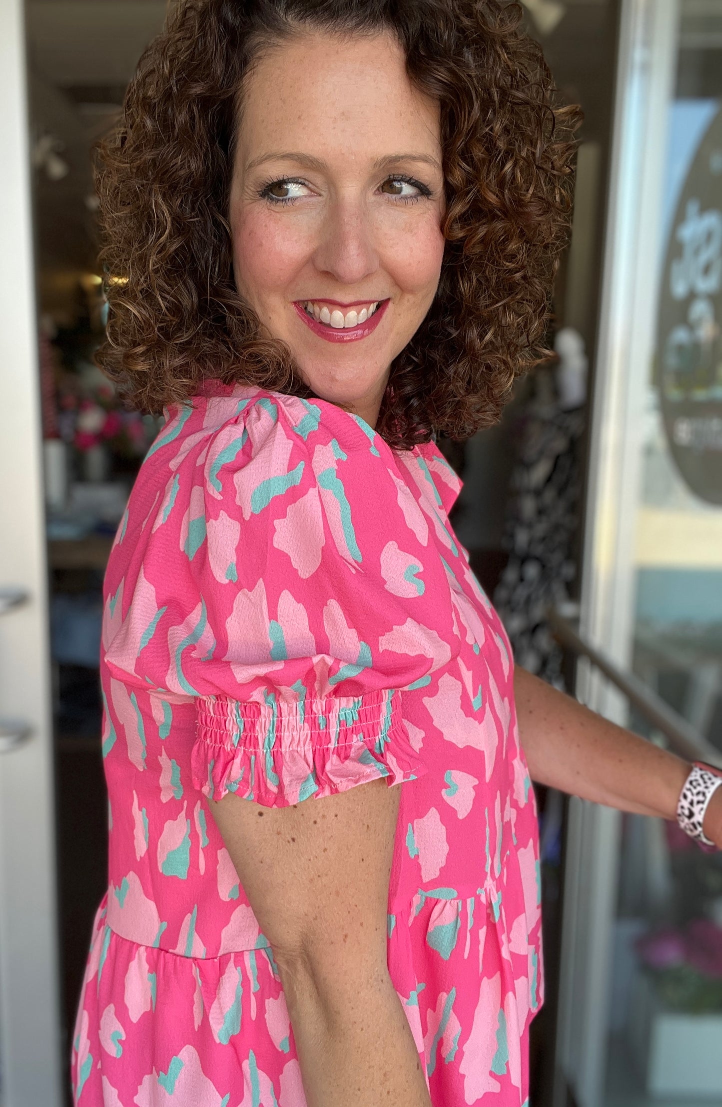 Bright Leopard Top with Smocked Sleeves