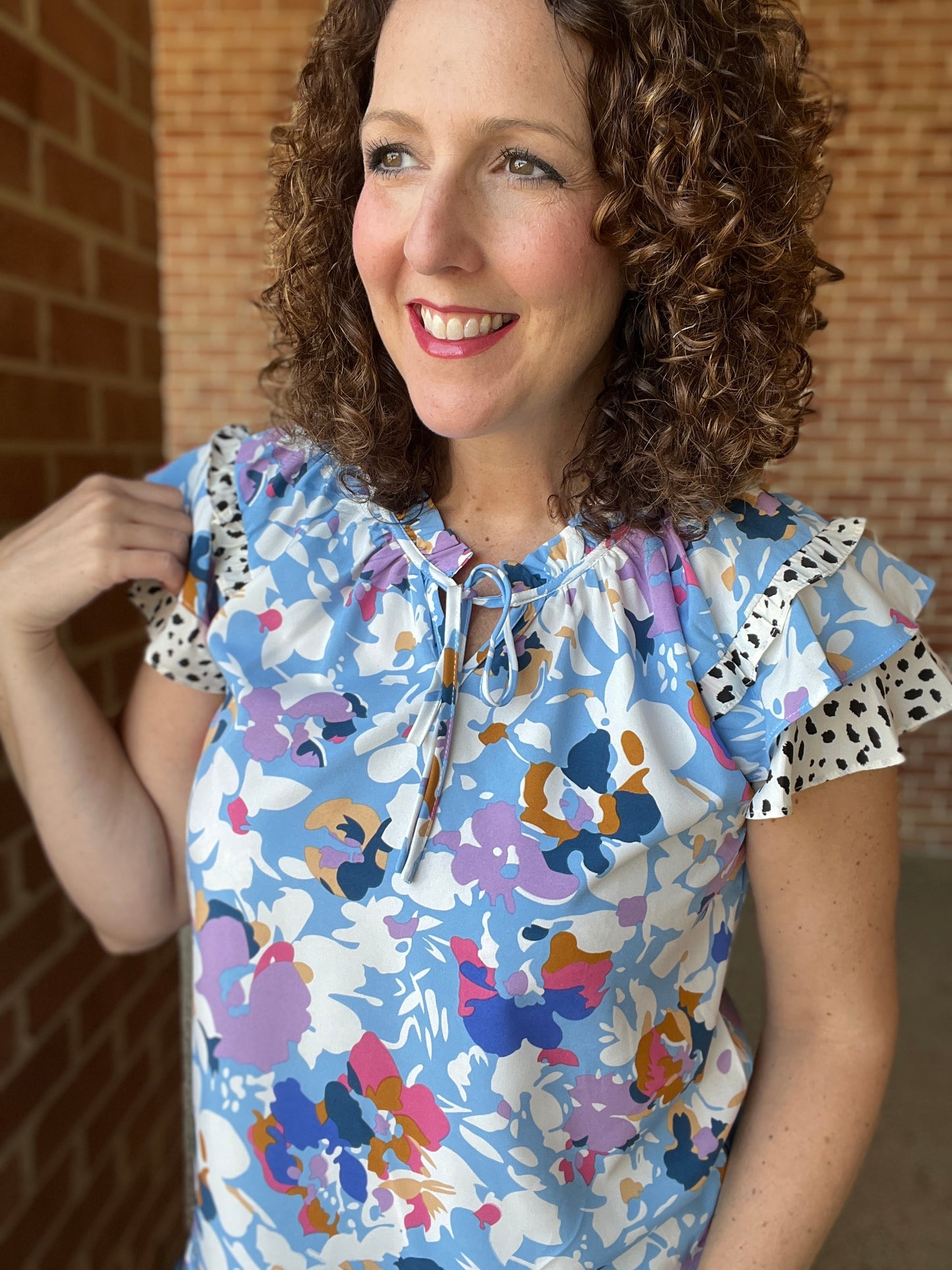 Floral and Dot Ruffle Sleeve Top