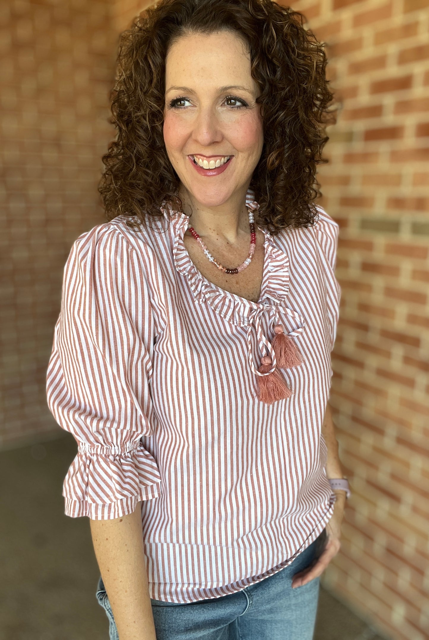 Striped Drawstring Blouse with Tassels