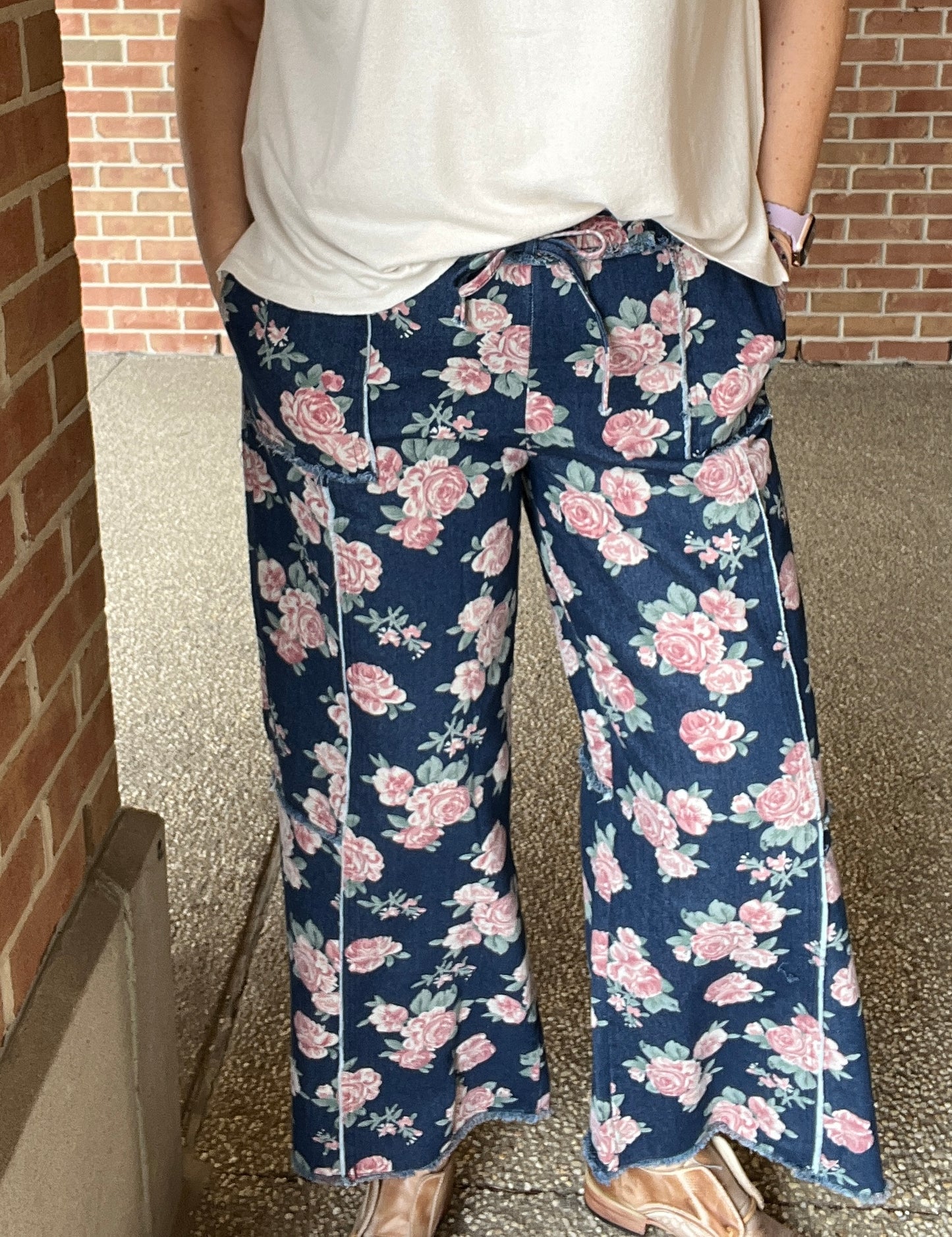 Floral Print Washed Denim Wide Leg Pants