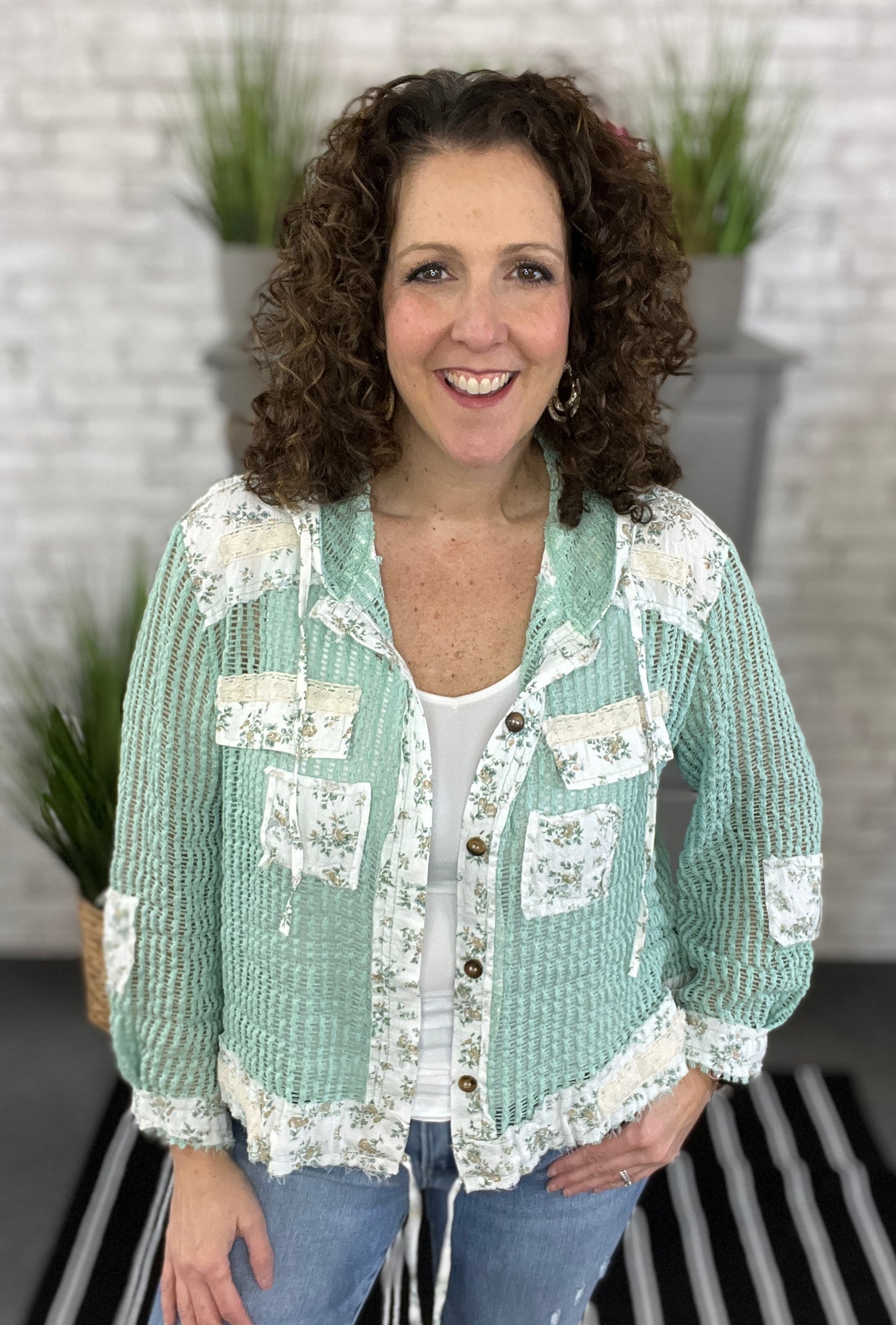 Mint Mesh Hoodie with Floral and Lace Trim