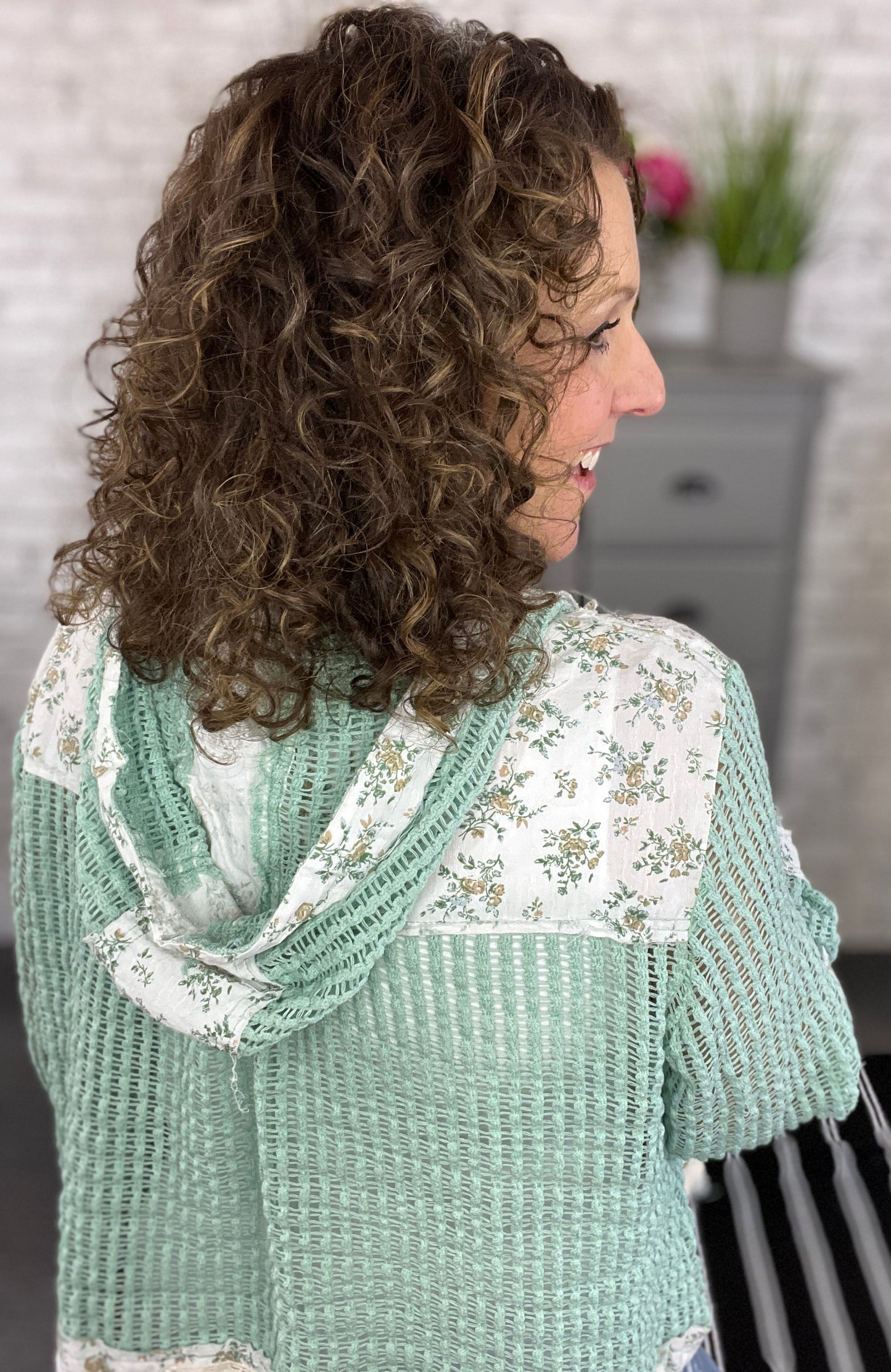 Mint Mesh Hoodie with Floral and Lace Trim
