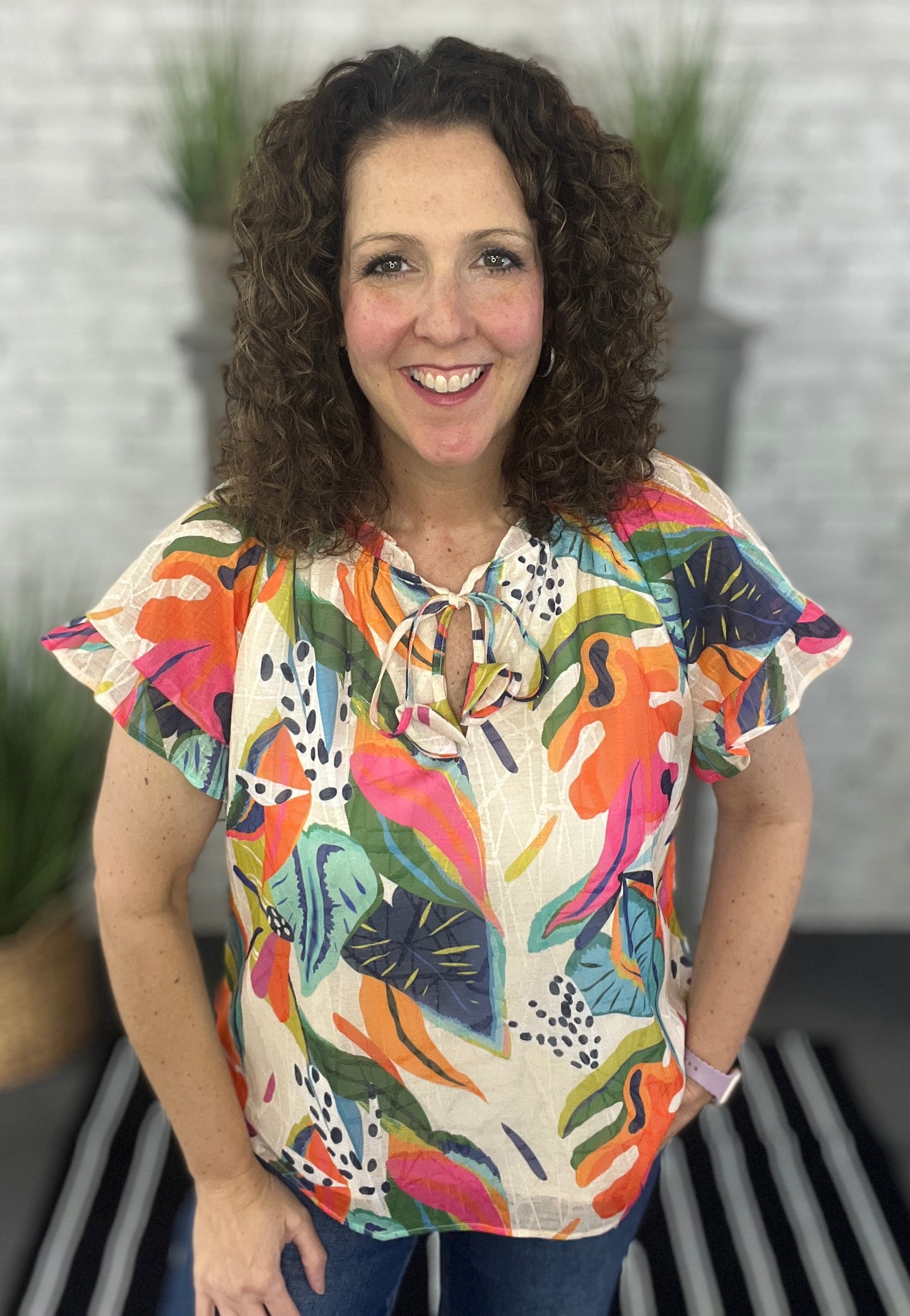 Tropical Print Puffed Sleeve Top